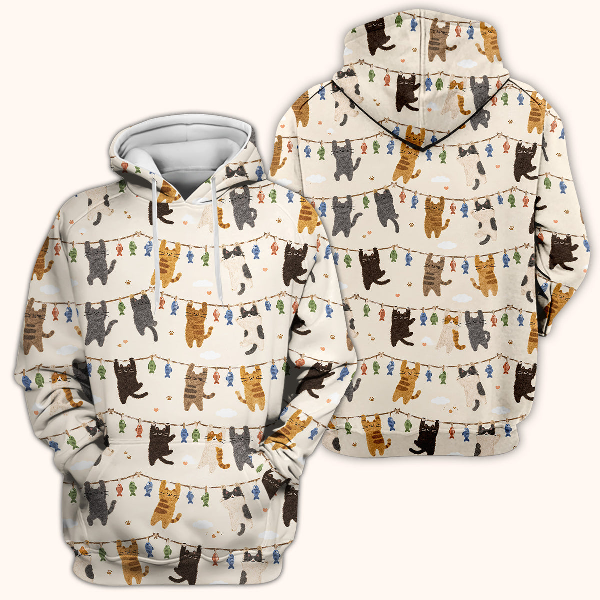 Cute Hanging Cat Fishline Pattern Scrub Top, Comfortable Scrubs for Nurses
