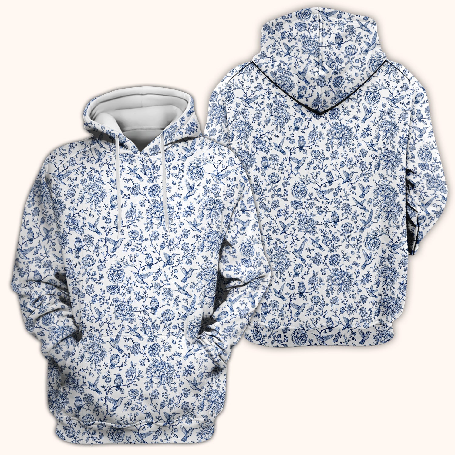 Blue Toile Hummingbird Floral Pattern Scrub Top, Comfortable Scrubs for Nurses