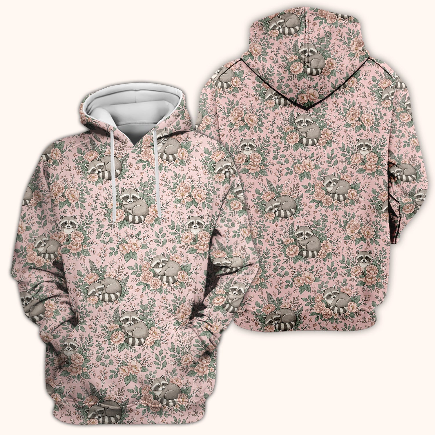 Sleeping Raccoon Rose Garden Pattern Scrub Top, Breathable Fabrics Nursing Uniform