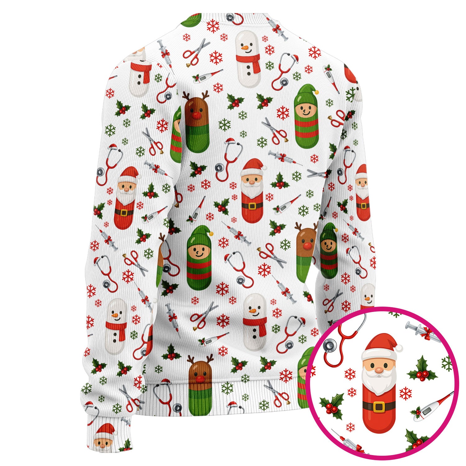 Santa Christmas Scrubs Set - Cute Holiday Pattern with Reindeer and Snowman - Fun Medical Scrub Top and Pants for Women Nurses