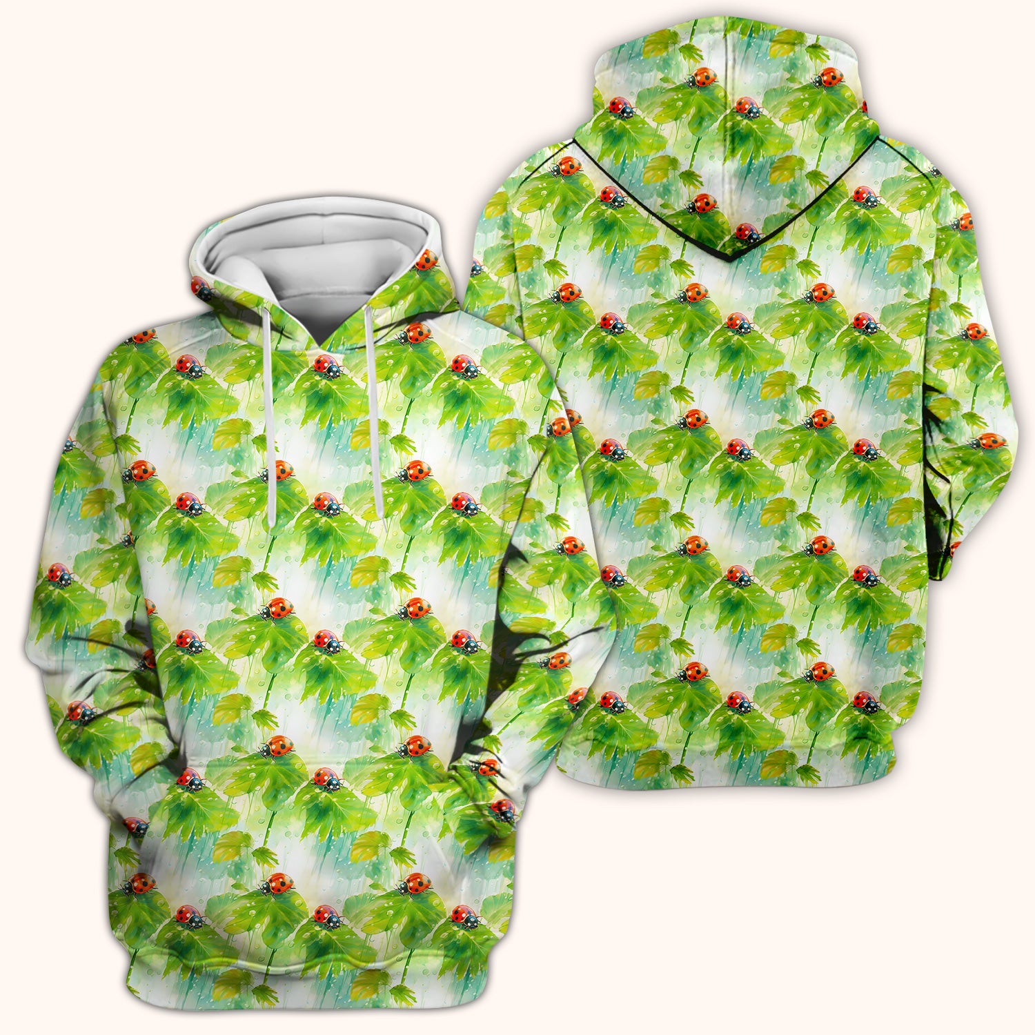 Ladybugs On Rainy Leaves Pattern Scrub Top, Comfortable Scrubs for Nurses