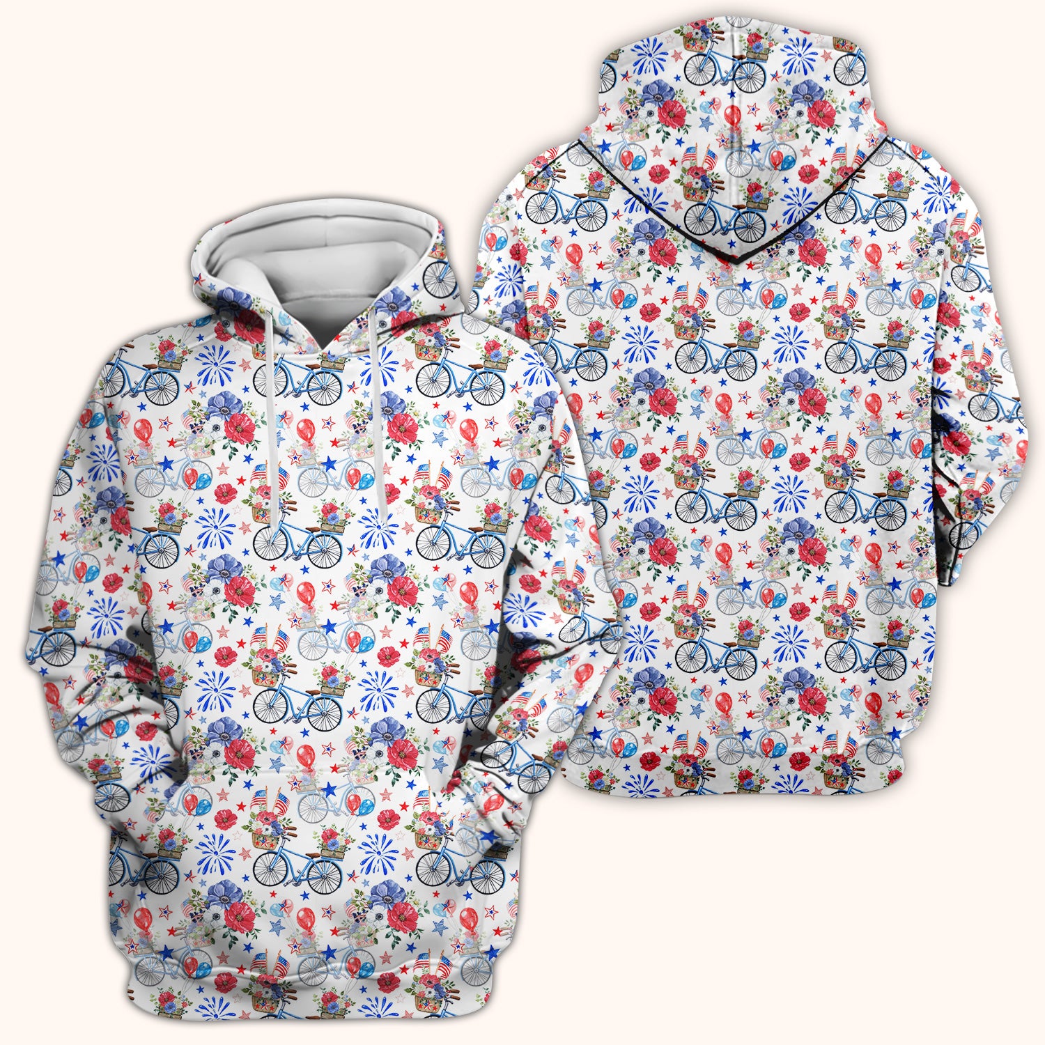 Patriotic Bicycle Floral Fireworks Print Scrub Top, Comfortable Scrubs for Nurses