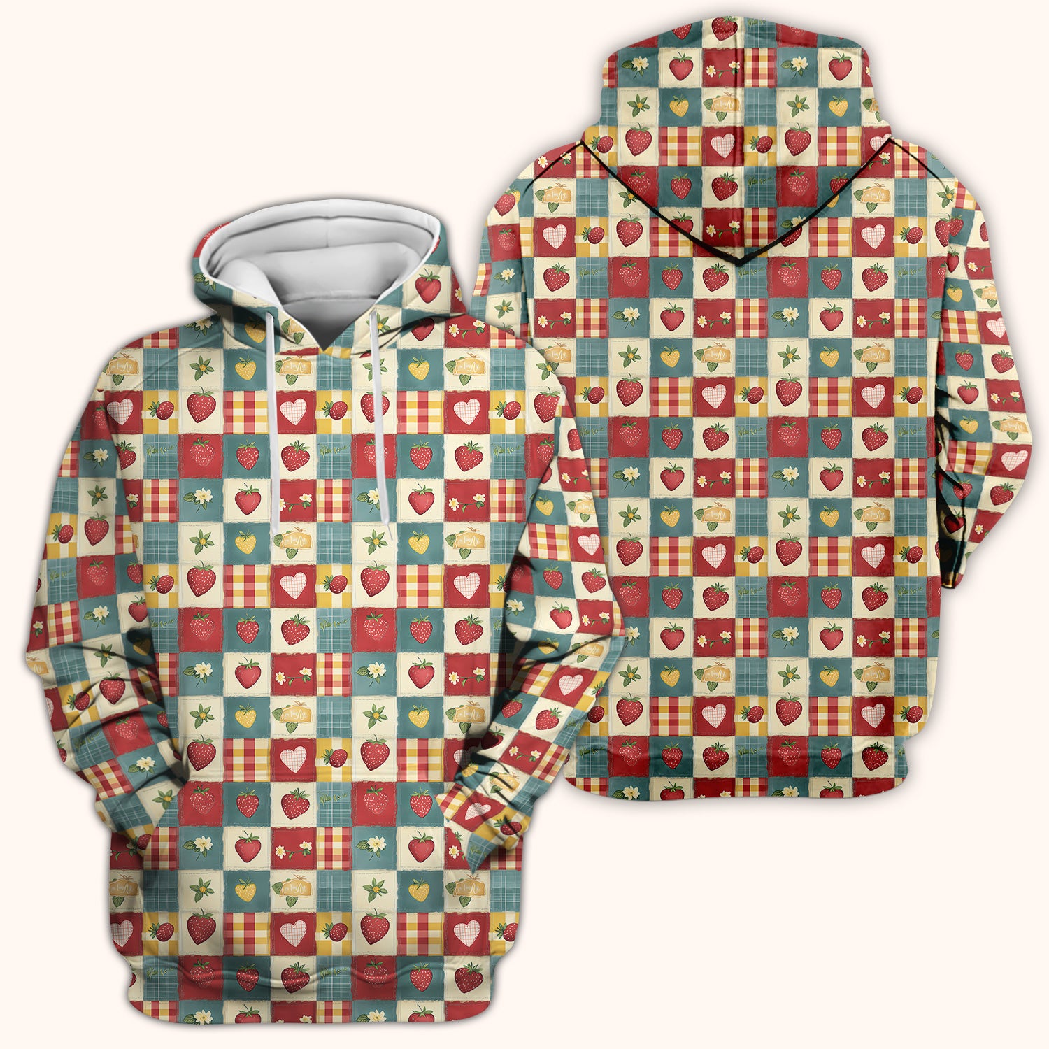 Cute Strawberry Floral Patchwork Pattern Scrubs Top, Comfortable Scrubs for Nurses