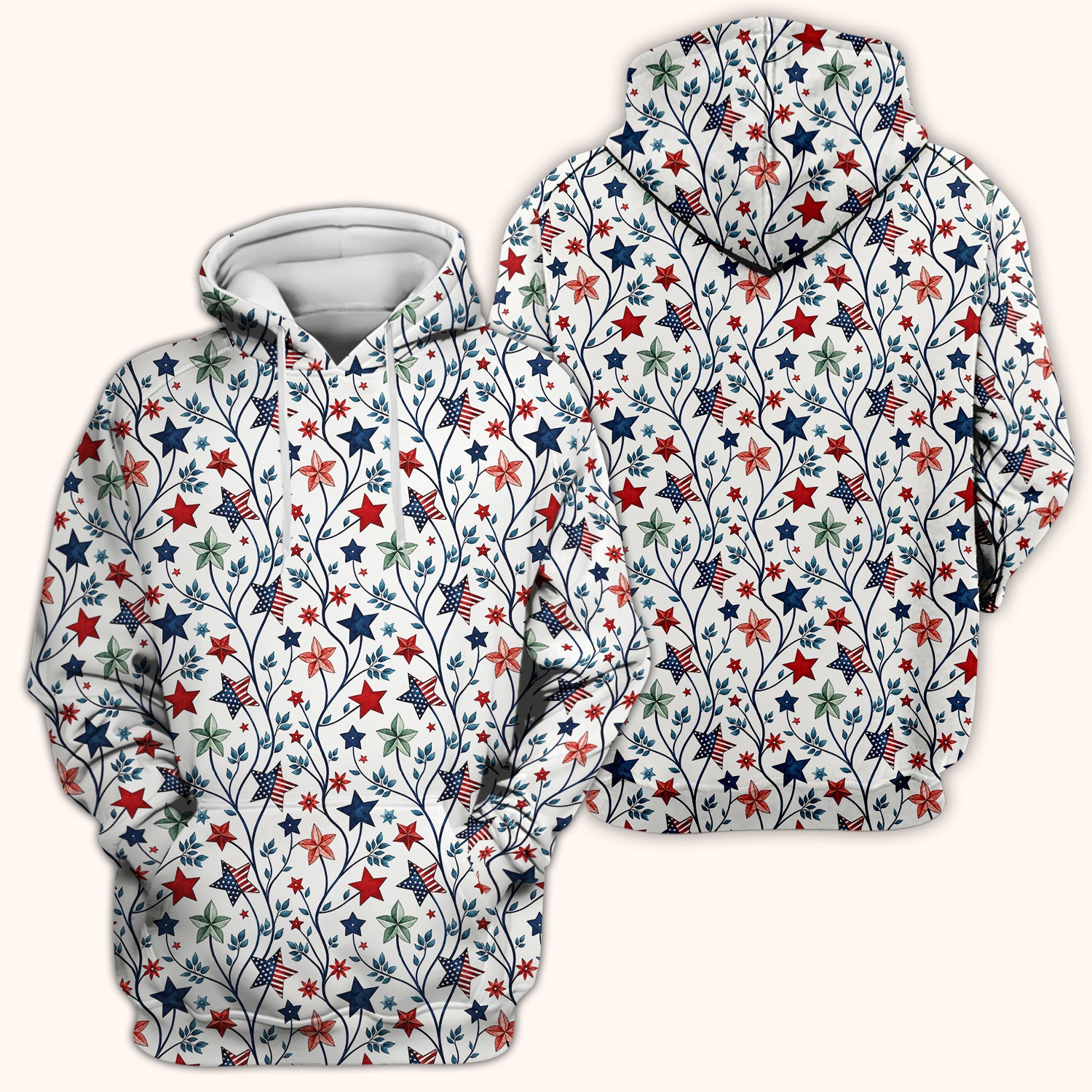 Patriotic Star Vine Floral Print Scrub Top, Comfortable Scrubs for Nurses