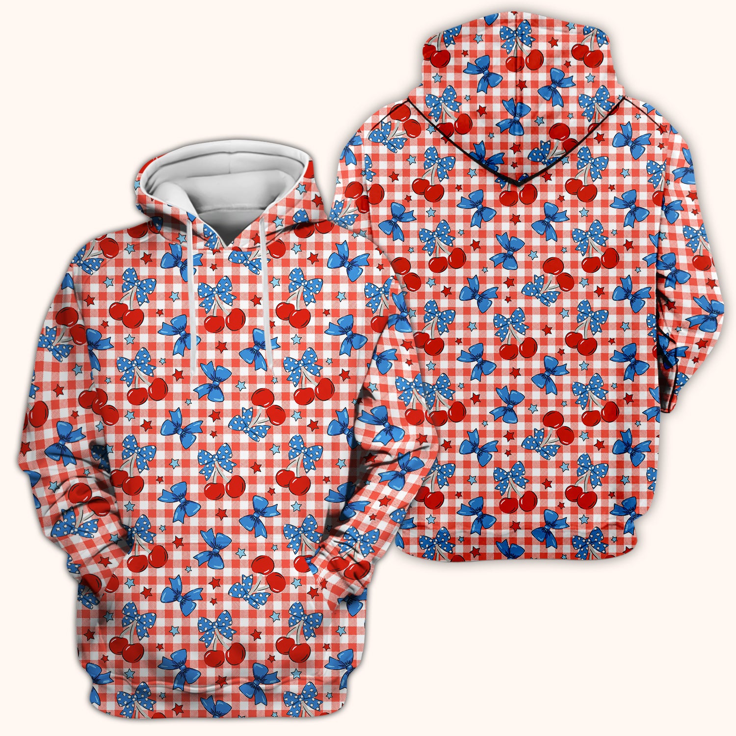 Cute Patriotic Cherry Bow Checkered Pattern Scrub Top, Comfortable Scrubs for Nurses