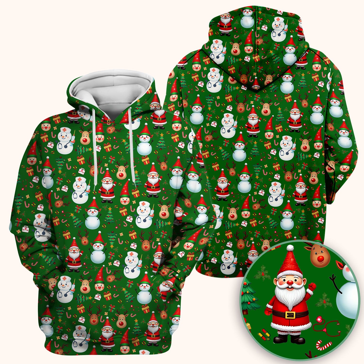 Christmas Scrub Top for Nurses - Cute Snowman Reindeer Santa Pattern - Holiday Medical Uniform RN CNA LPN Gift