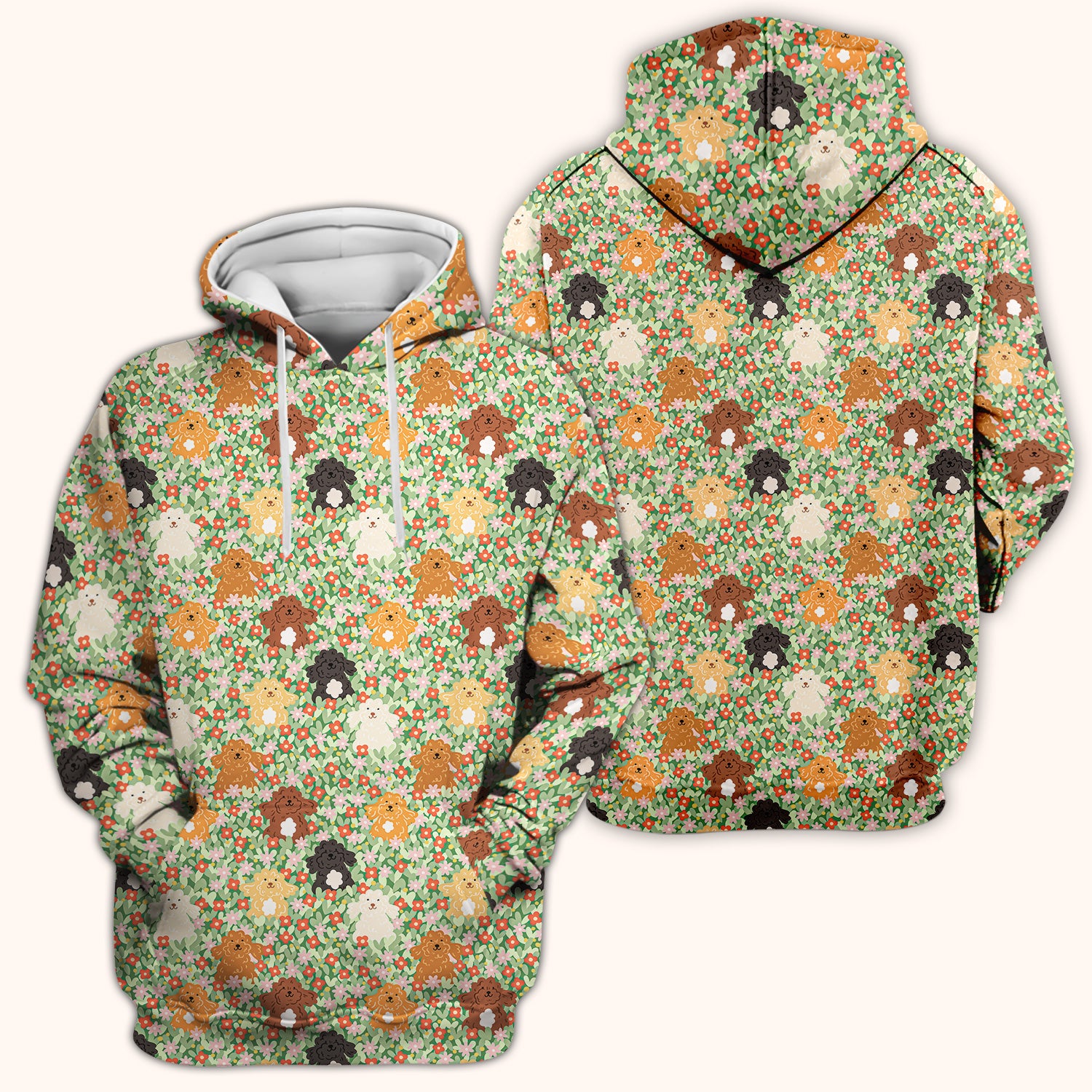 Cute Poodle Dogs Floral Pattern Scrubs Top, Breathable Fabrics Nursing Uniform