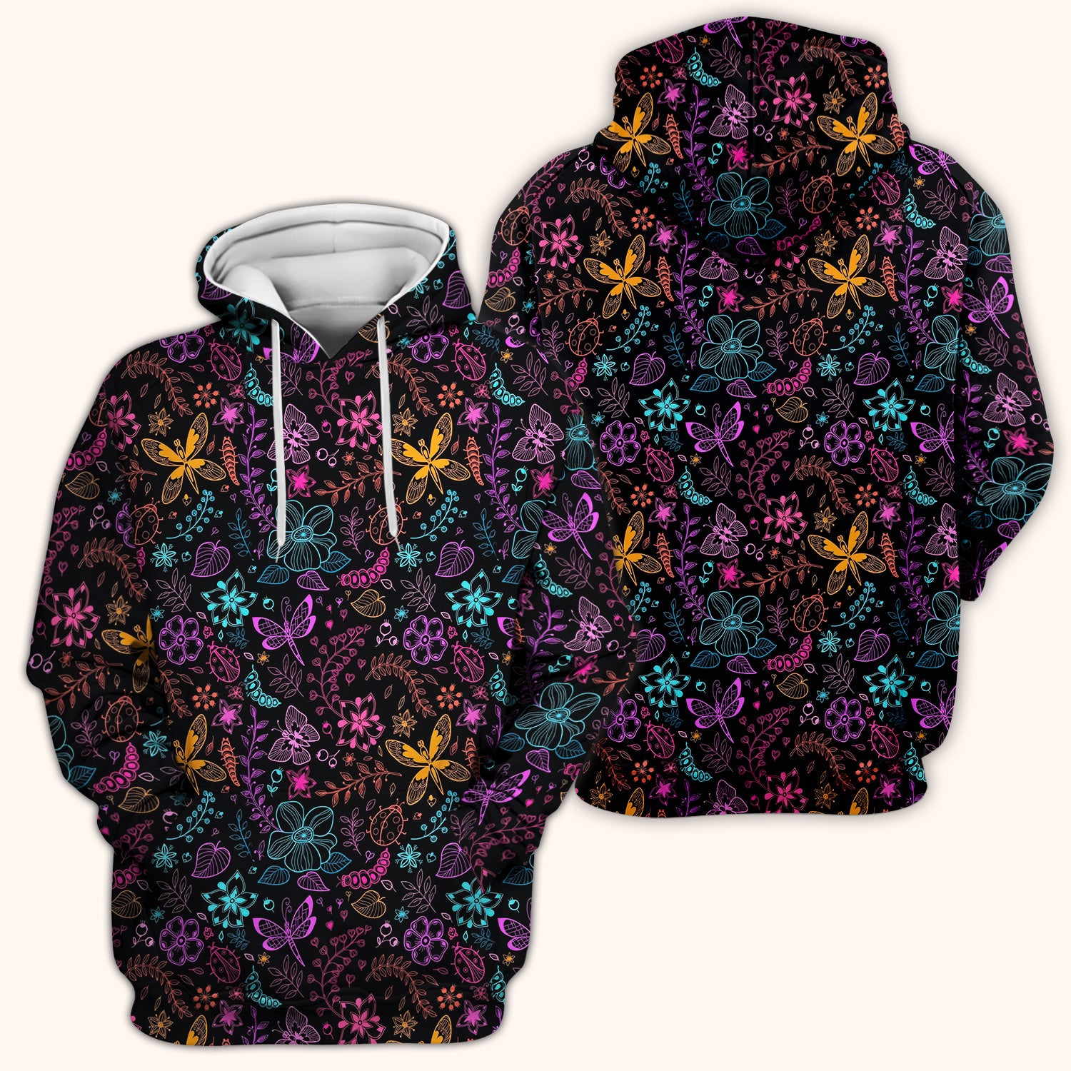 Neon Butterfly and Floral Garden Pattern Scrub Top, Comfortable Scrubs for Nurses