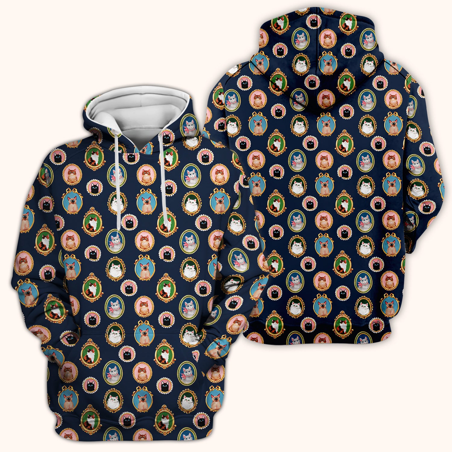 Vintage Cat Portrait Pattern Scrub Top, Breathable Medical Uniform Top