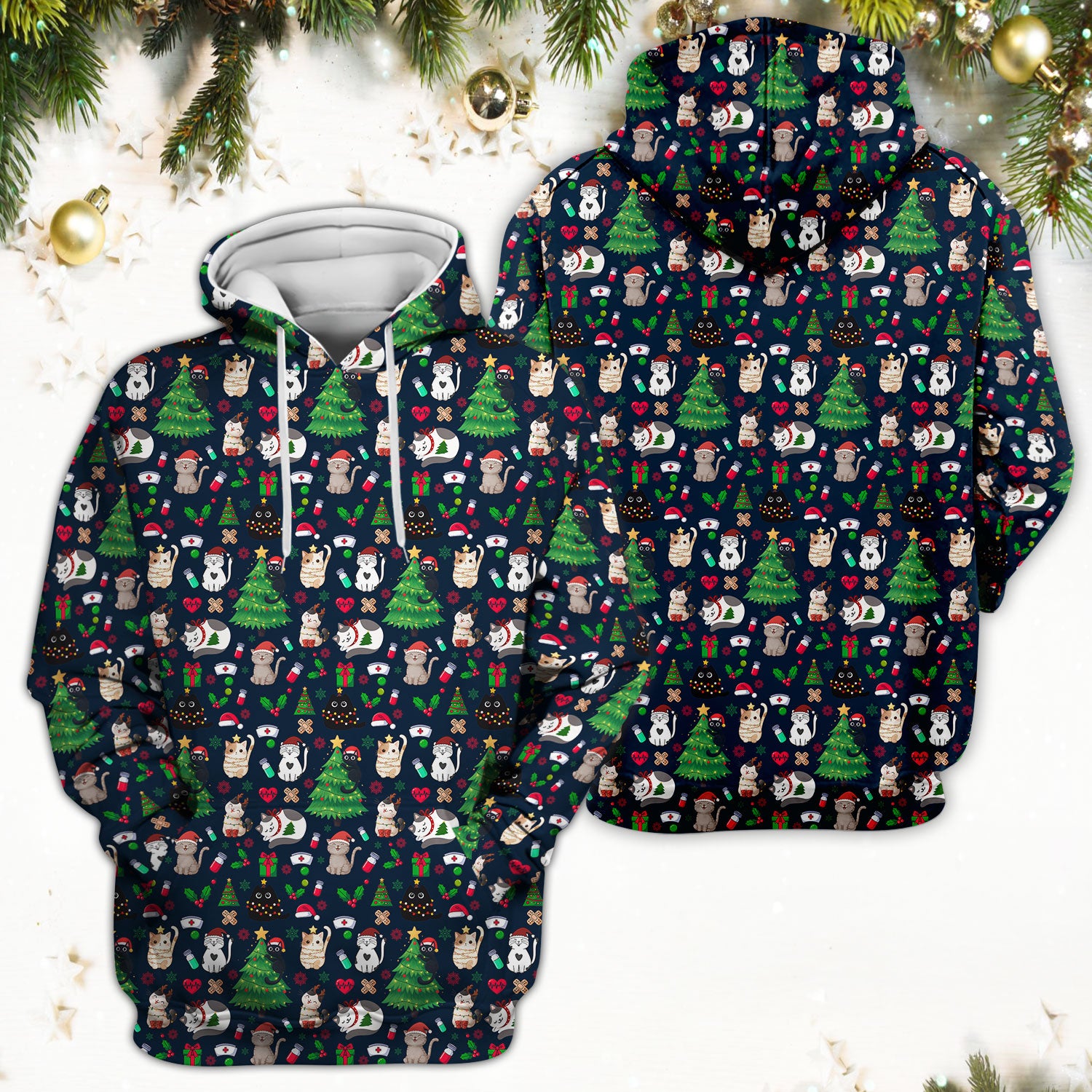 Christmas Cat Scrub Top, Xmas Pet Pattern Scrub Shirt, Breathable Fabrics Nursing Uniform