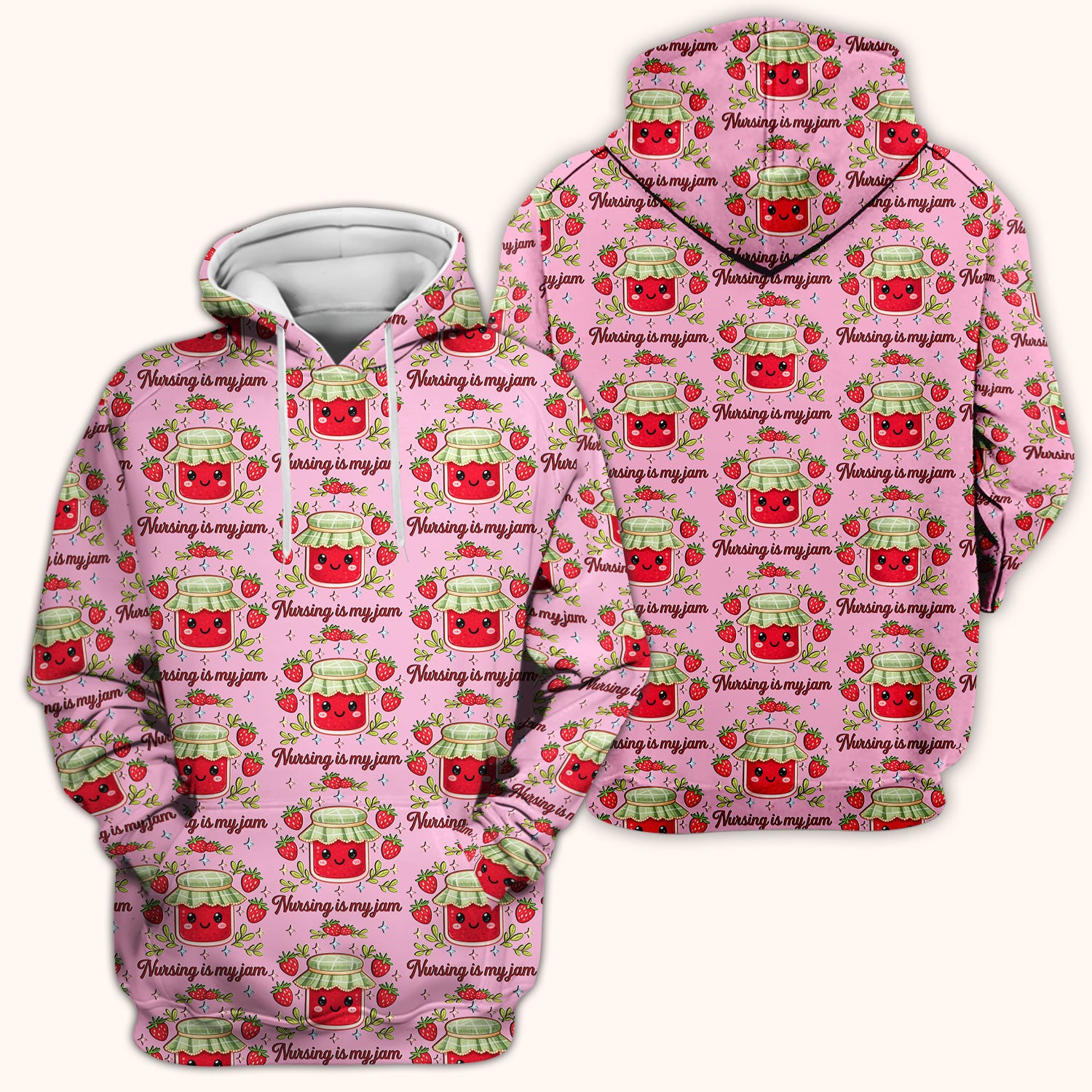 Cute Strawberry Jam Nurse Pattern Scrub Top, Breathable Fabrics Nursing Uniform