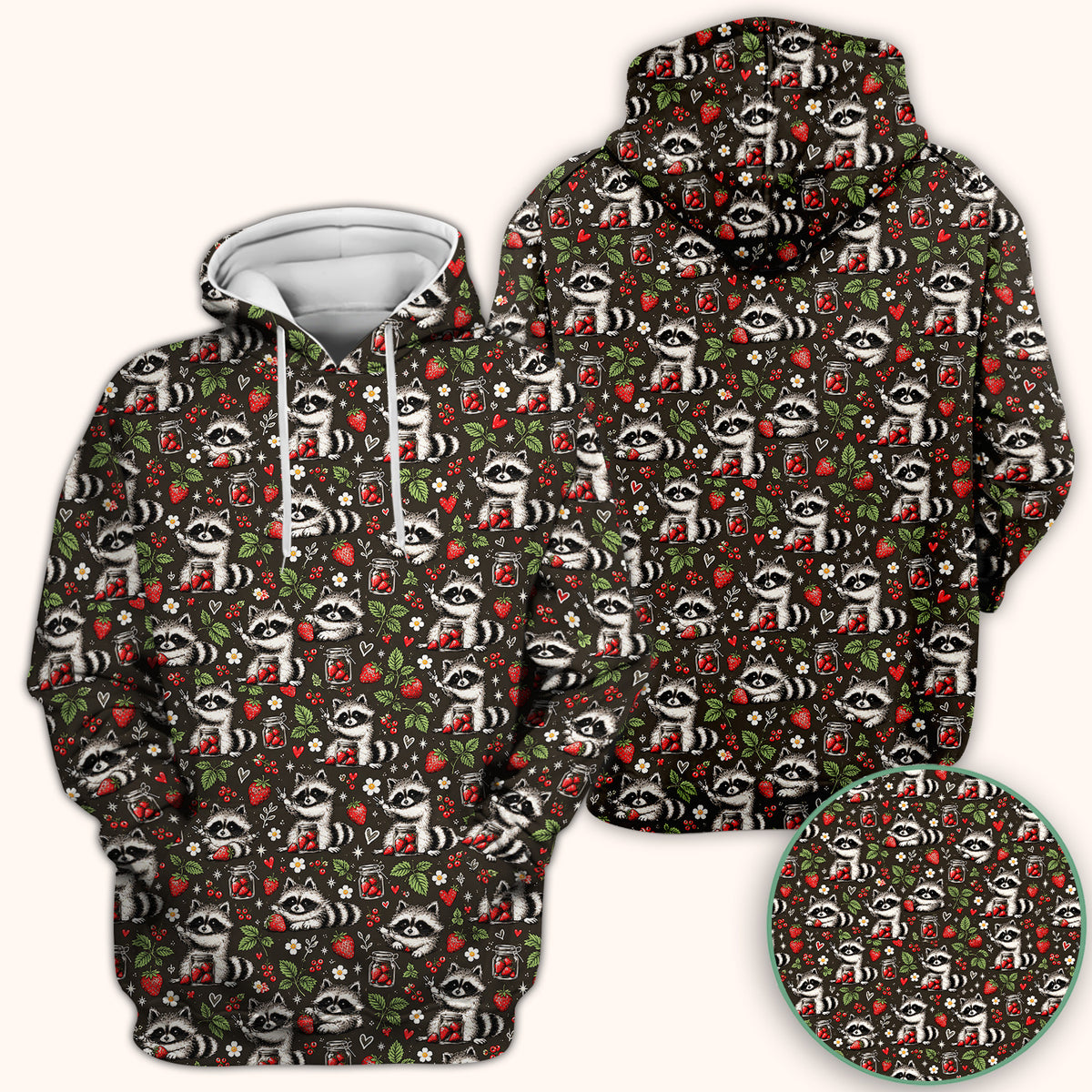 Cute Raccoons And Strawberries Pattern Scrub Top, Comfortable Scrubs for Nurses