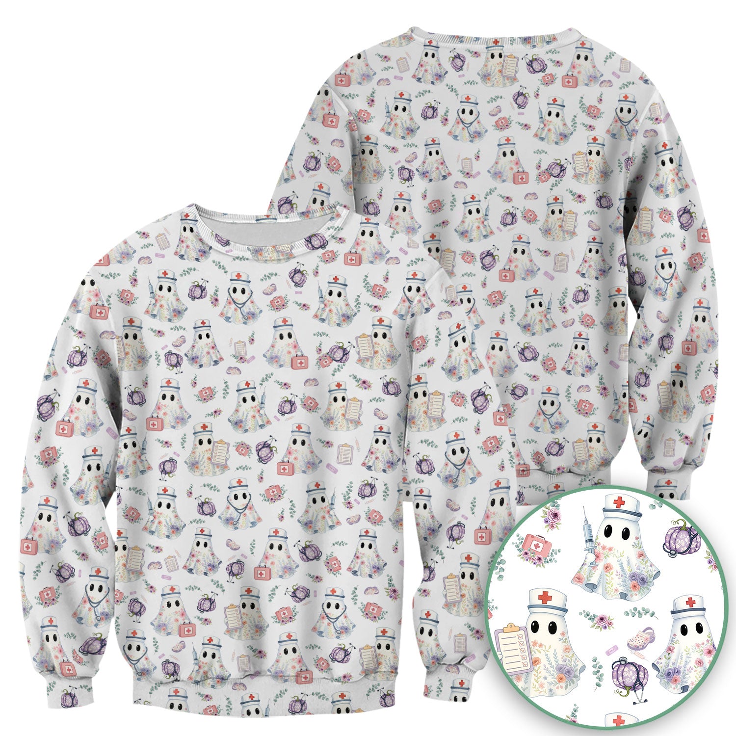 Ghost Nurse Medical Uniform - Cute Boo Halloween Pumpkin Scrub Top for Women - Gift for CRNA ICU Nurses