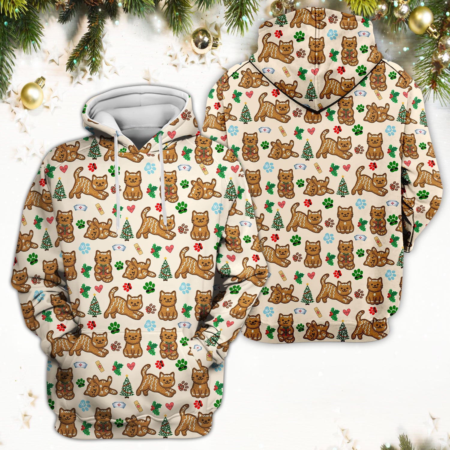 Gingerbread Cat Christmas Scrub Top, Cute Holiday Kitty Medical Uniform Shirt For Nursing, Festive Nurse Pattern