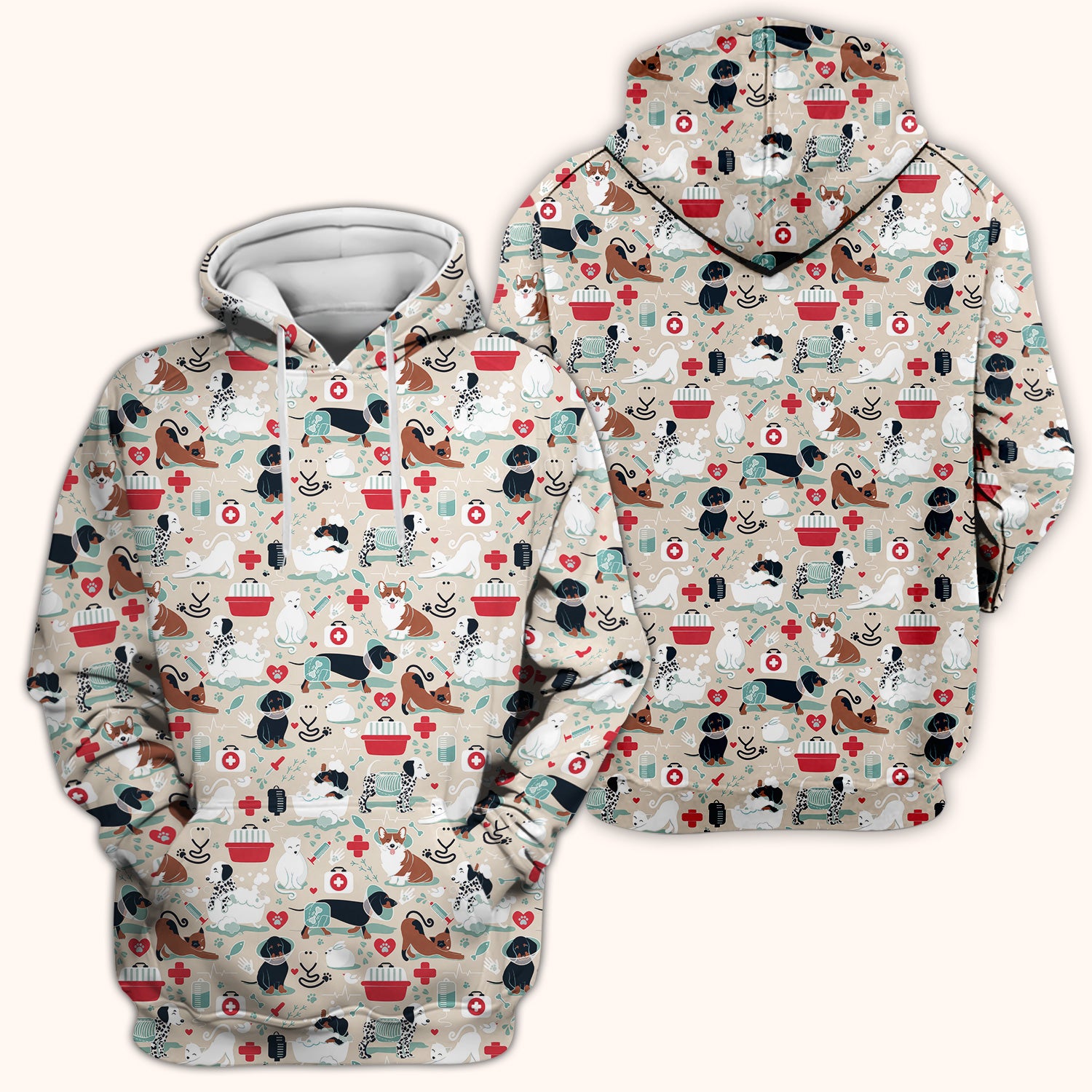 Dogs With Veterinary Tools And Paw Print Scrub Top, Breathable Fabrics Nursing Uniform