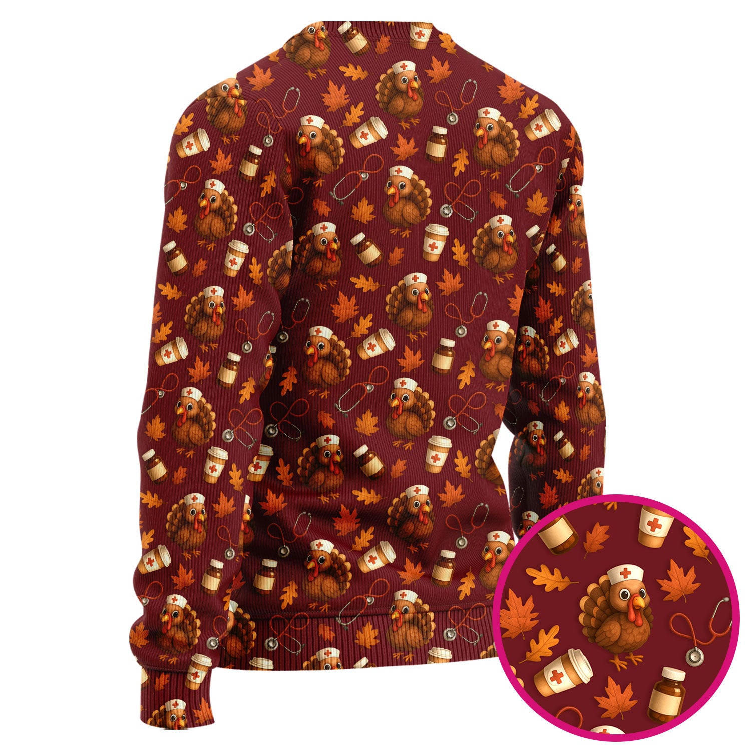 Turkey Pattern Thanksgiving Scrub Set - Fall Leaves and Nurse Tools Print Scrubs - Fun Autumn Medical Pants and Top Gift for RN CNA LPN