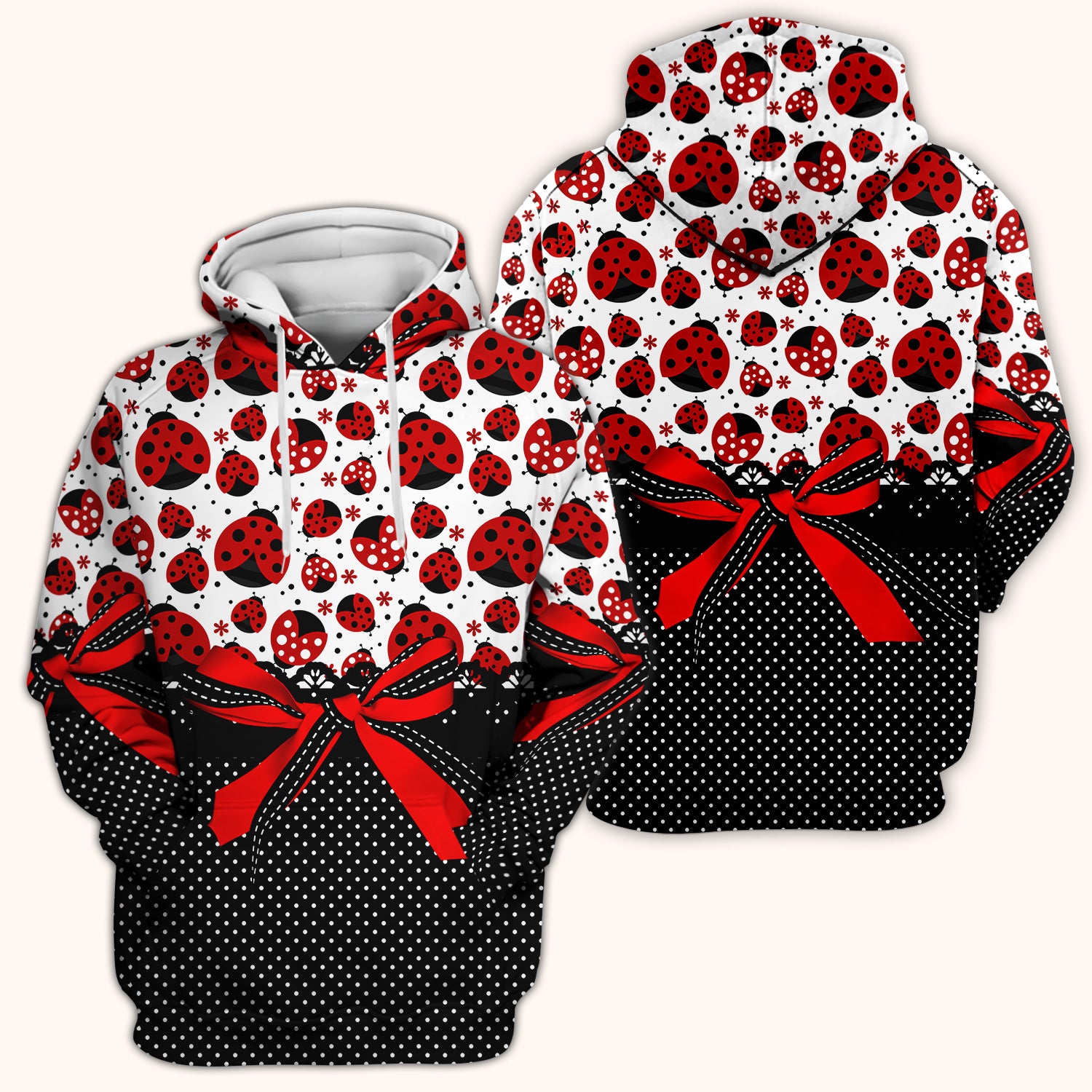 Cute Ladybug Red Ribbon Polka Pattern Scrub Top, Breathable Fabrics Nursing Uniform