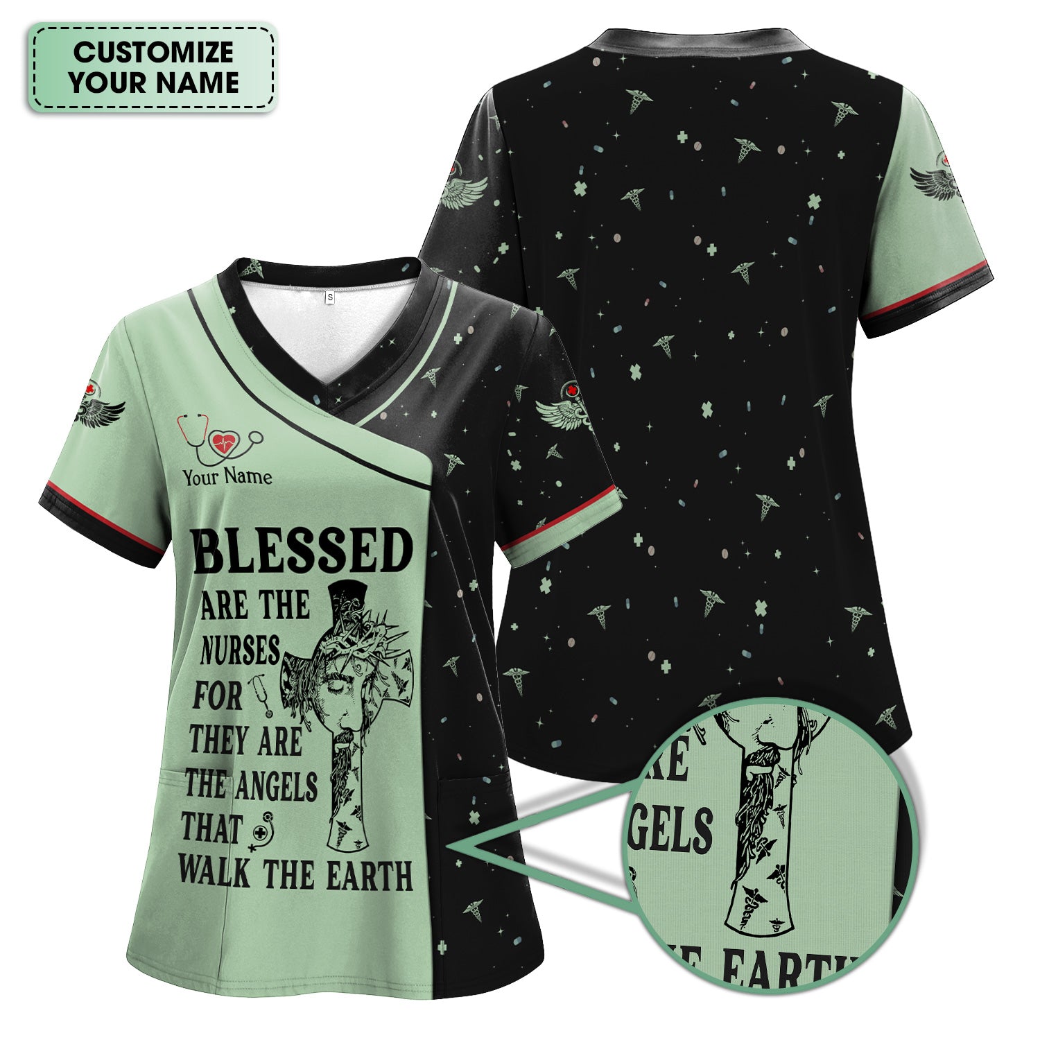 Personalized Christian Nurse Scrub Top - Jesus Cross & Angels That Walk The Earth Quote - Gift for Women RN LPN