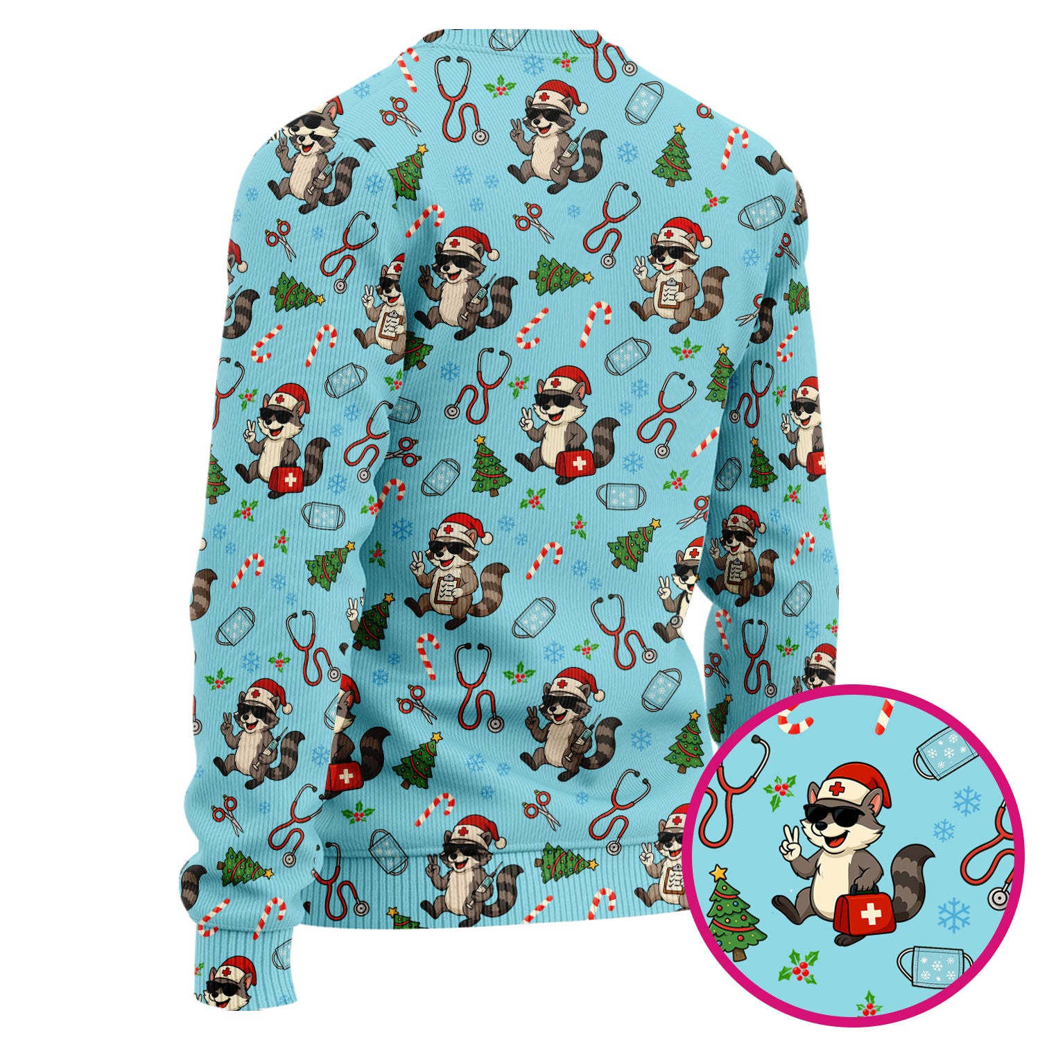 Funny Christmas Nurse Scrub Set - Raccoon Pattern with Santa Hat, Stethoscope and Tree - Cute Holiday Medical Scrubs Pants and Top Gift for RN CNA LPN