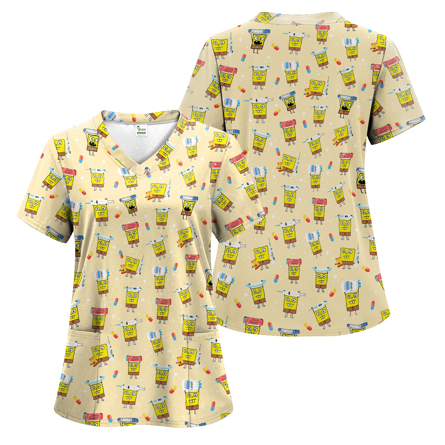 Cartoon Character Scrub Top - All-Over Print Doodle Medical Characters - Gift for RN LPN Healthcare Workers
