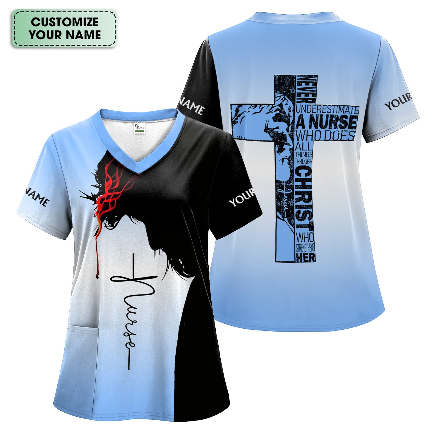 Personalized Christian Nurse Scrub Top - Christian Cross & Jesus Faith Design - Gift for RN LPN CNA