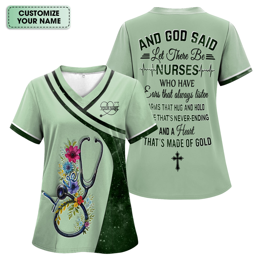 Custom Religious Nurse Scrub Top - Cross Floral Stethoscope Design - Personalized Gift for Christian Nurses & Medical Workers
