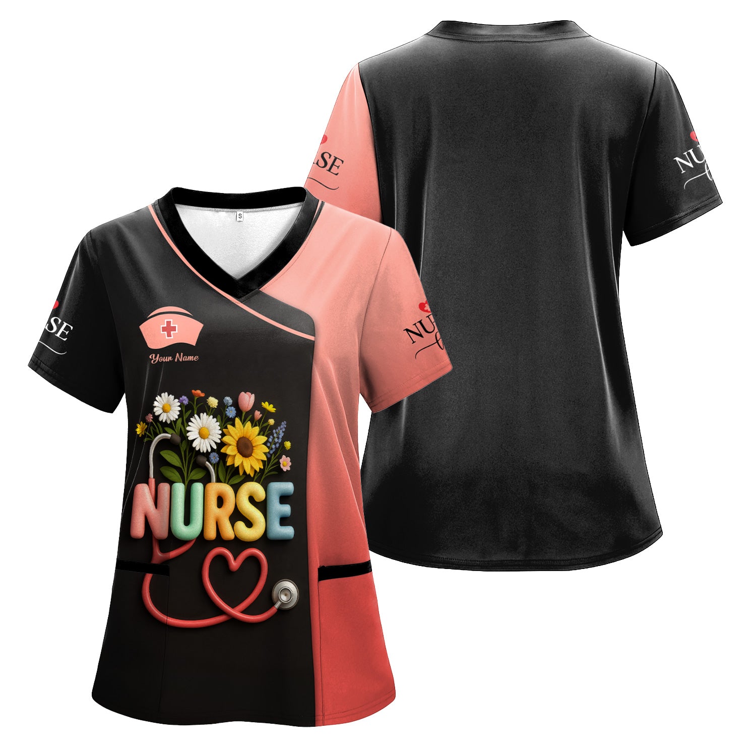 Colorful Floral Nurse Shirt - Personalized Scrub-Style Tee with Heart Stethoscope & Daisies - Gift for RN CNA LPN
