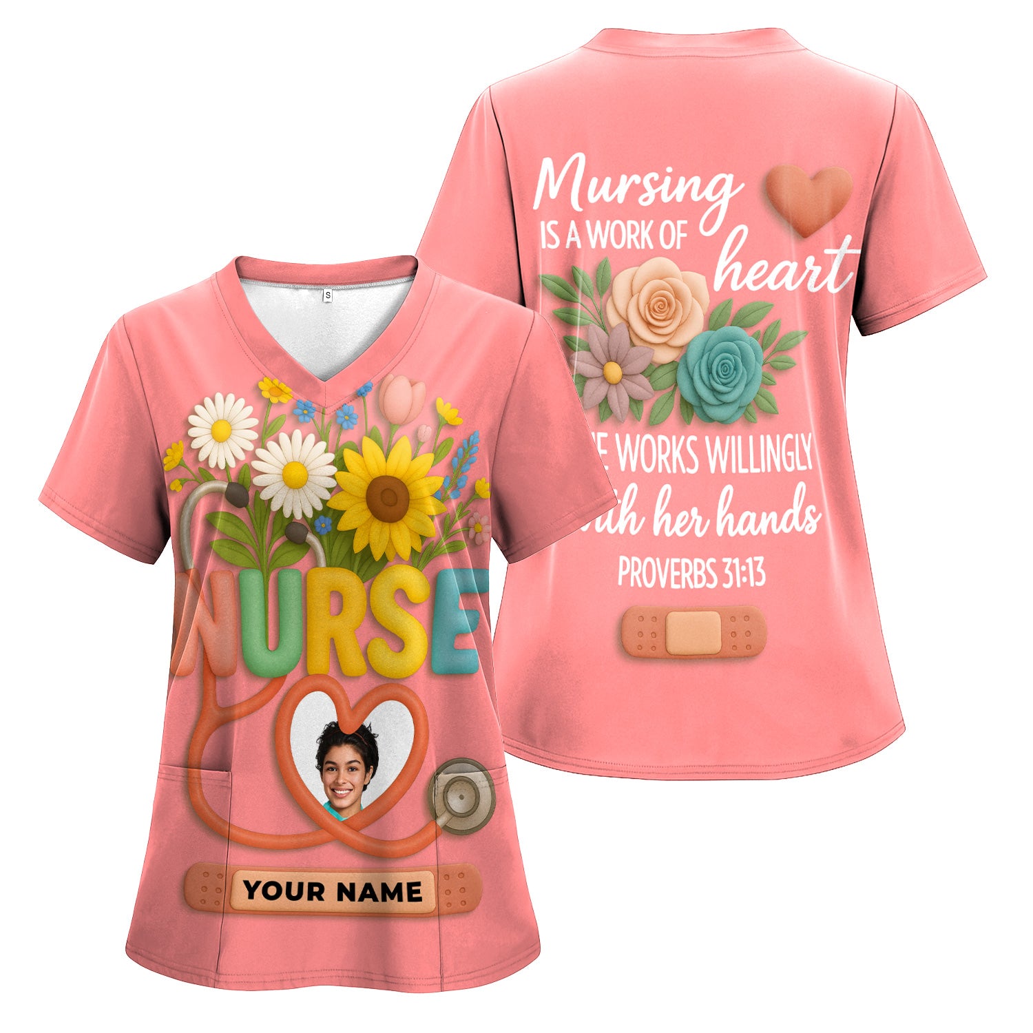 Nurse Appreciation Shirt for CNA RN LPN - Floral Heart Stethoscope Design - Custom Photo & Name Gift for Women Healthcare Workers - Multiple Shirt Colors Available
