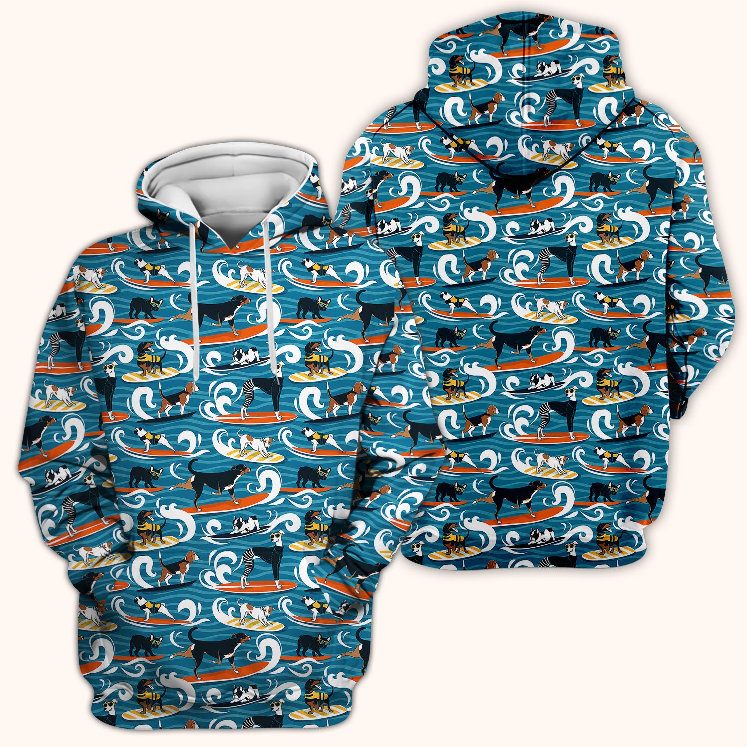 Surfing Dogs Ocean Wave Print Scrub Top, Comfortable Scrubs for Nurses