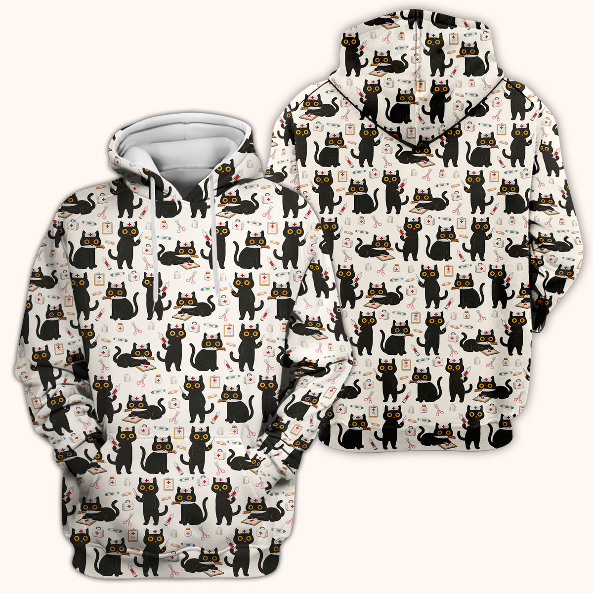 Cute Black Cat Nurse Pattern Scrub Top, Comfortable Scrubs for Nurses