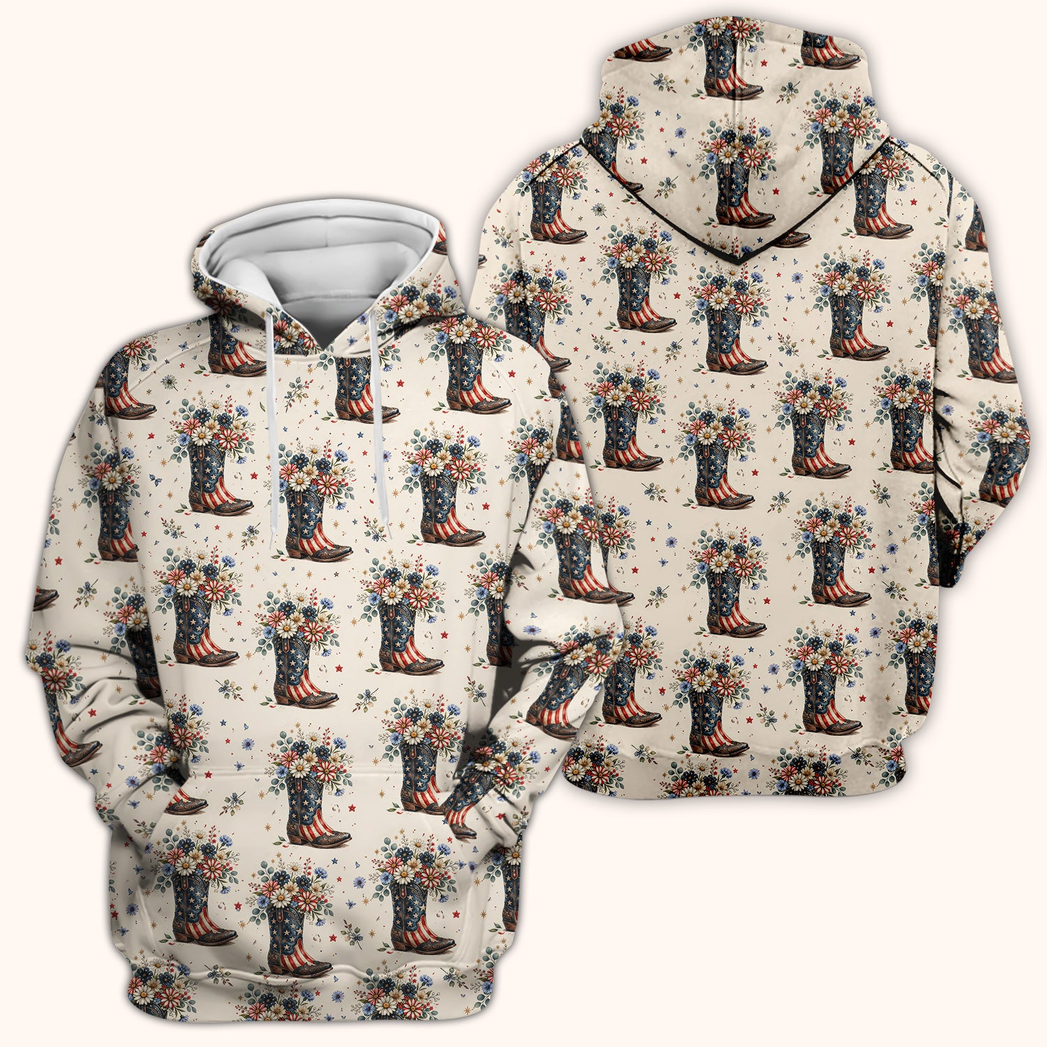 Festive Patriotic Cowboy Boots Flower Pattern Scrub Top, Comfortable Scrubs for Nurses