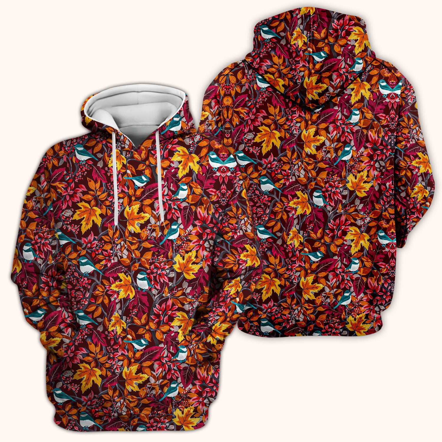 Autumn Leaves Blue Bird Pattern Print Scrub Top, Breathable Fabrics Nursing Uniform