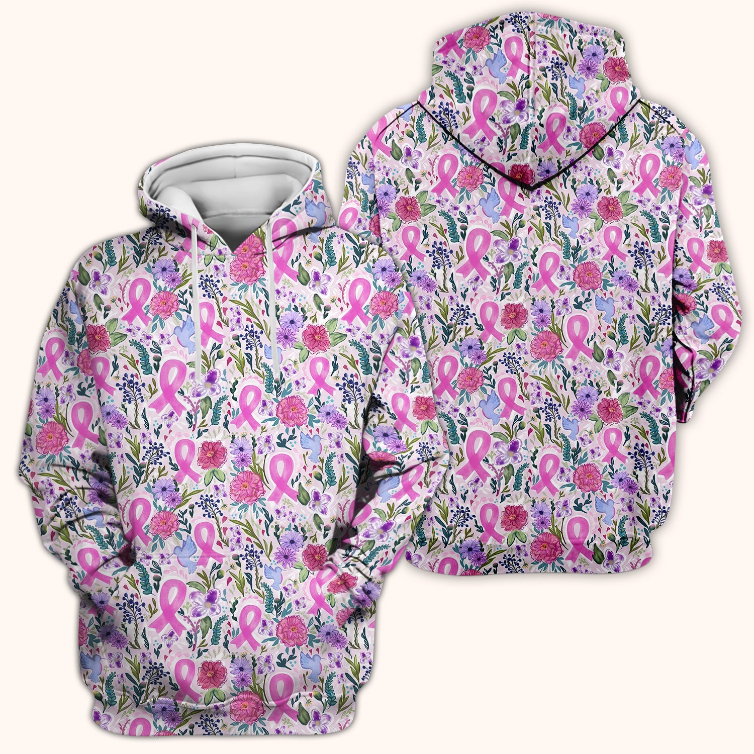 Floral Pink Ribbon Print Scrub Top, Comfortable Scrubs for Nurses