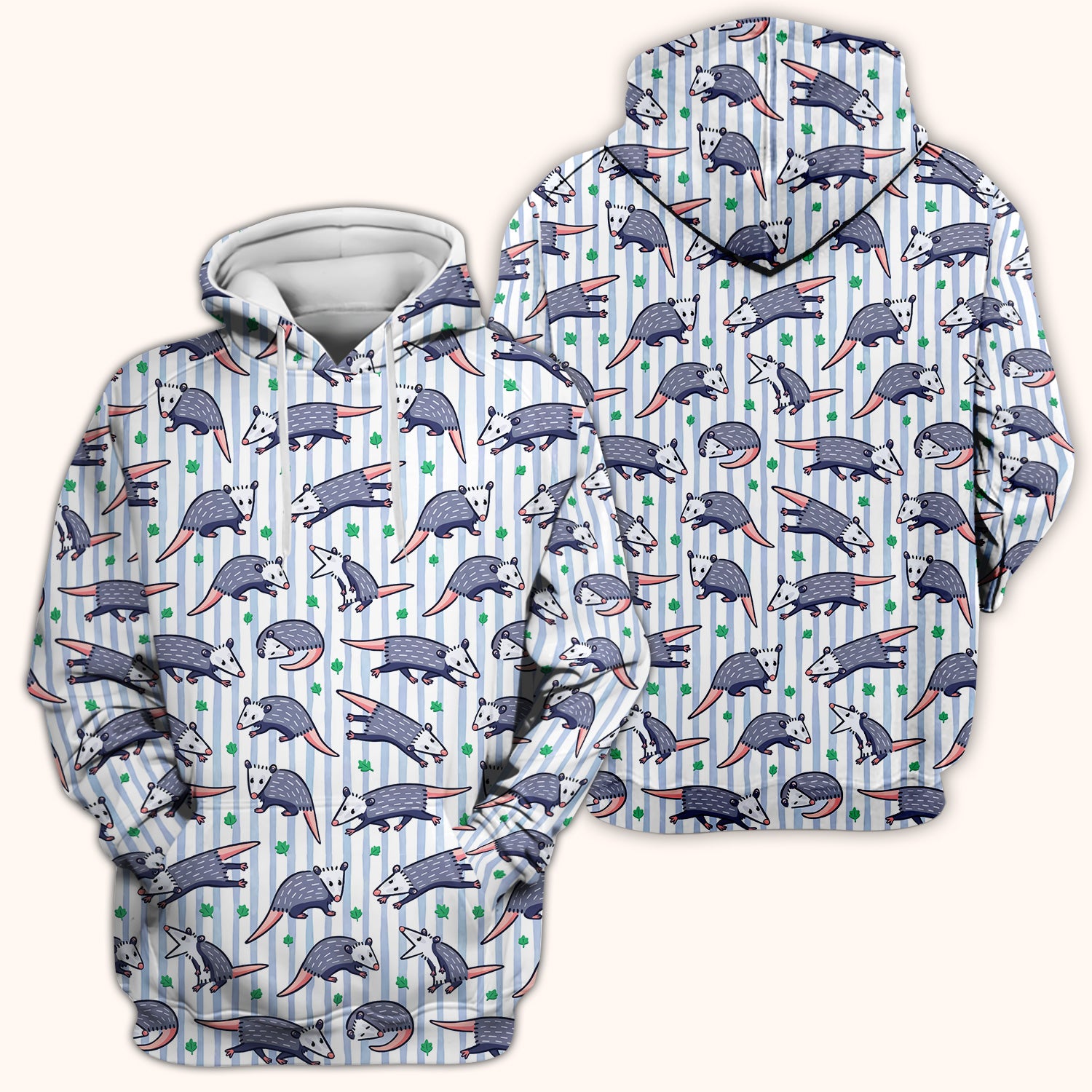 Cute Opossum Blue Stripe Pattern Scrub Top, Breathable Fabrics Nursing Uniform