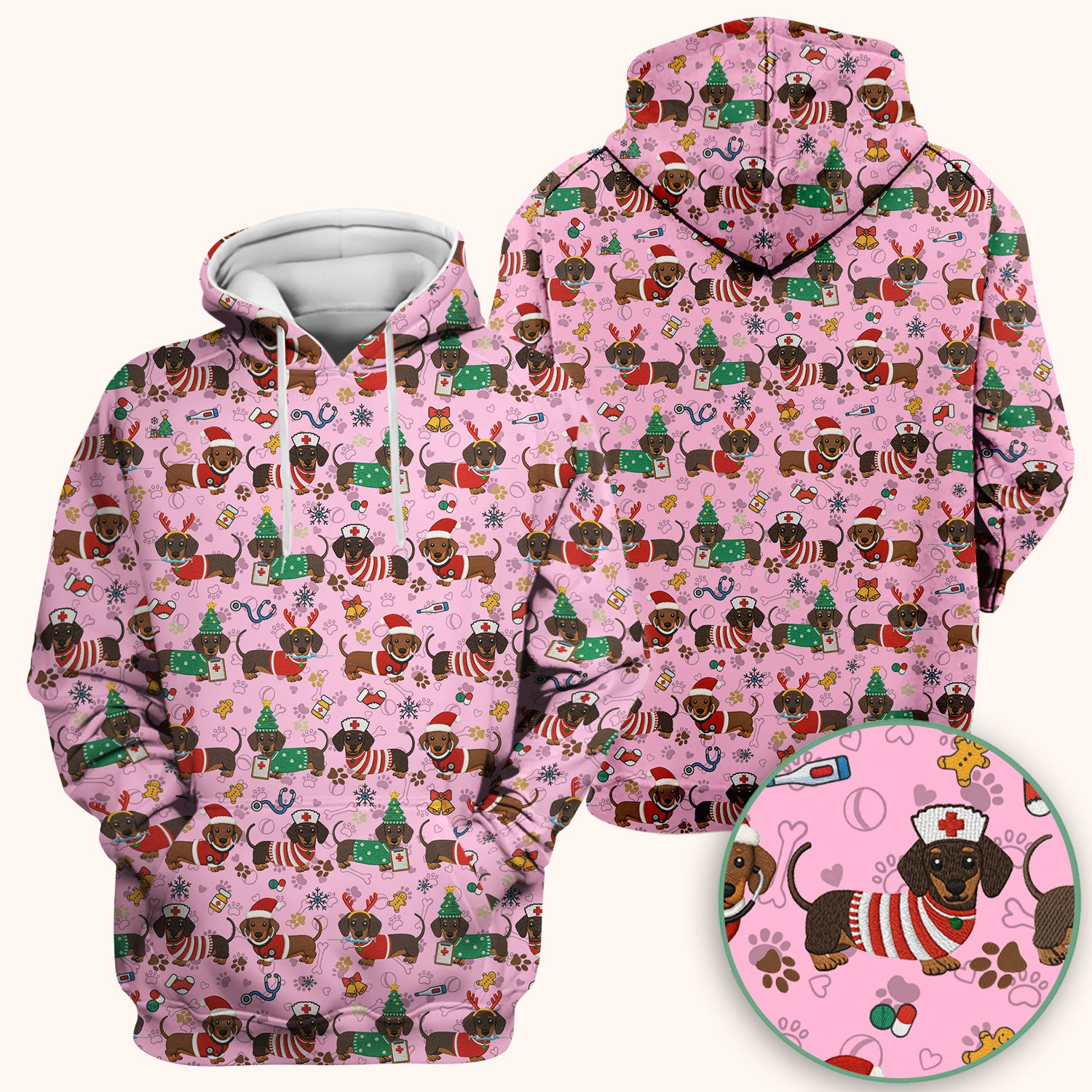 Christmas Dachshund Scrub Top for Nurses - Cute Wiener Dog Pattern Medical Shirt - Festive Holiday Scrubs Gift for Women RN CNA LPN