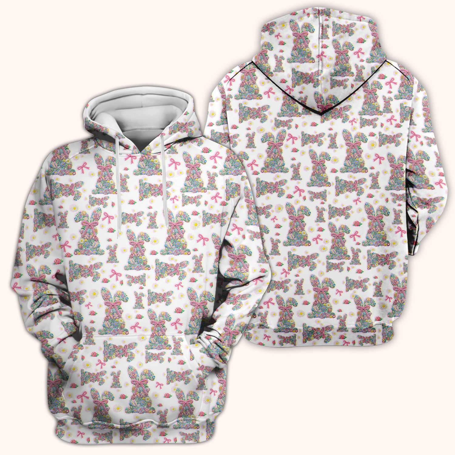 Colorful Floral Bunny with Pink Bow Pattern Scrub Top, Breathable Fabrics Nursing Uniform, Easter