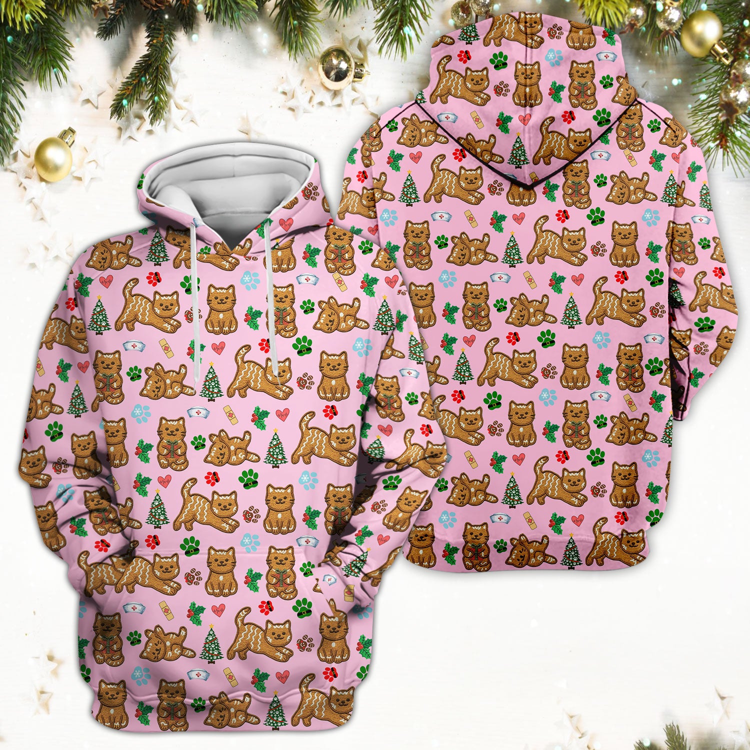Gingerbread Cat Christmas Scrub Top, Cute Holiday Kitty Medical Uniform Shirt For Nursing, Festive Nurse Pattern