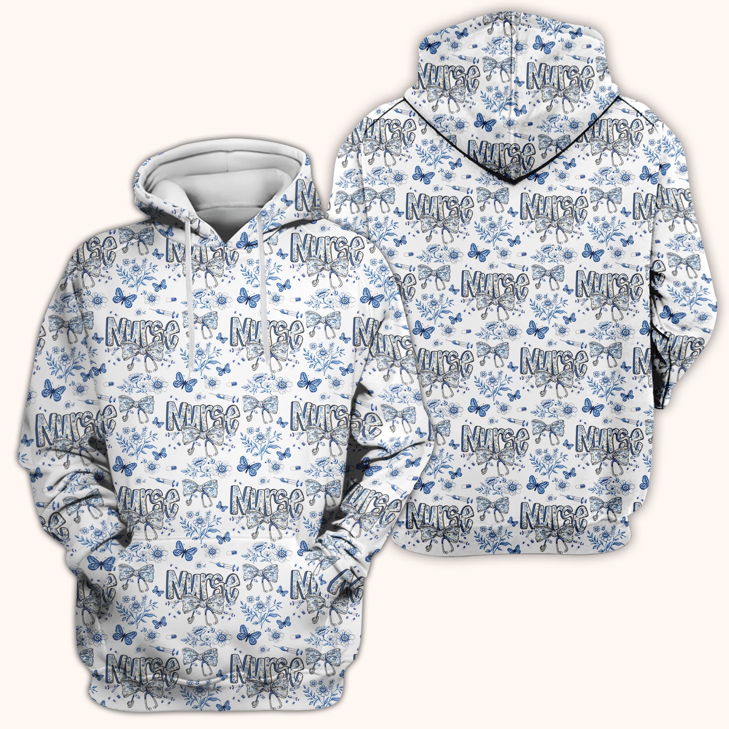 Blue Nurse Letter Bow Butterfly Floral Print Scrub Top, Comfortable Scrubs for Nurses