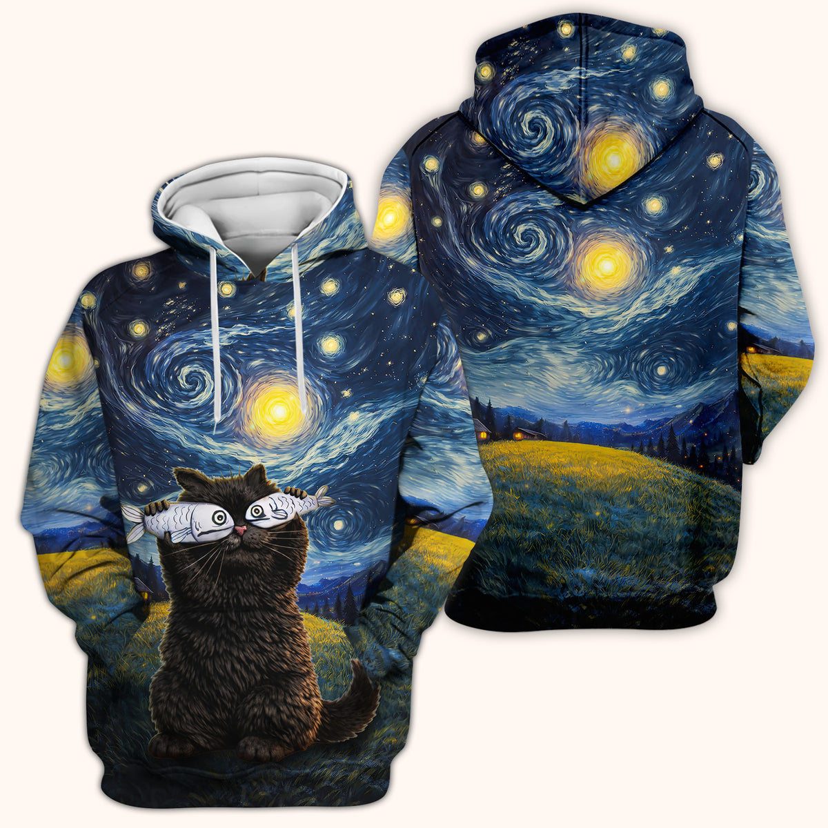 „Starry Night“-Katzen-Print V-Ausschnitt-Kasack, für katzenliebende Pflegekräfte