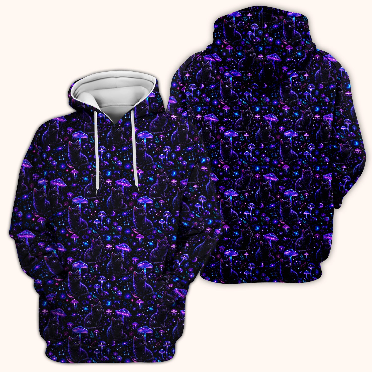 Mystical Black Cat Neon Mushroom Print Scrub Top, Comfortable Scrubs for Nurses