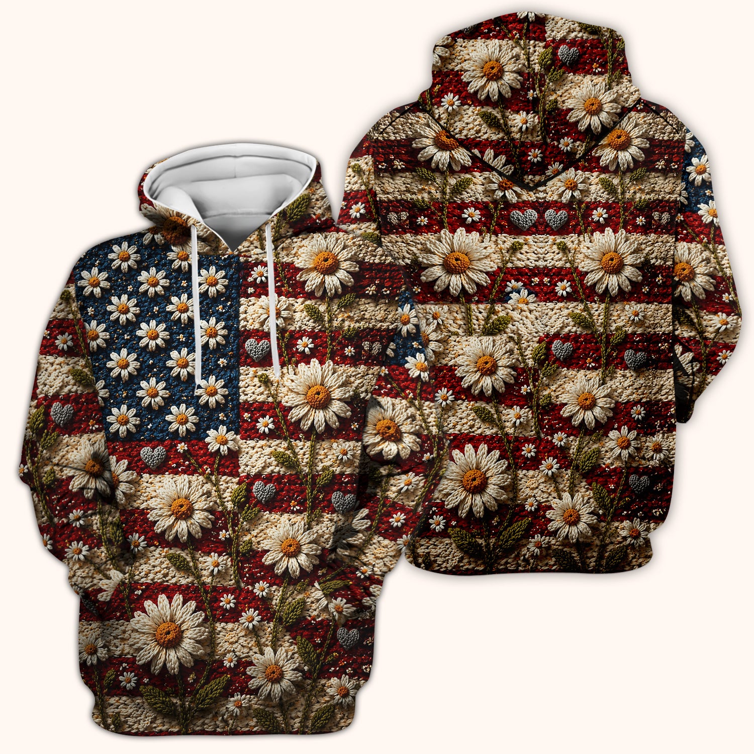 American Flag Daisy Floral Knit Texture Pattern Scrub Top, Breathable Fabrics Nursing Uniform