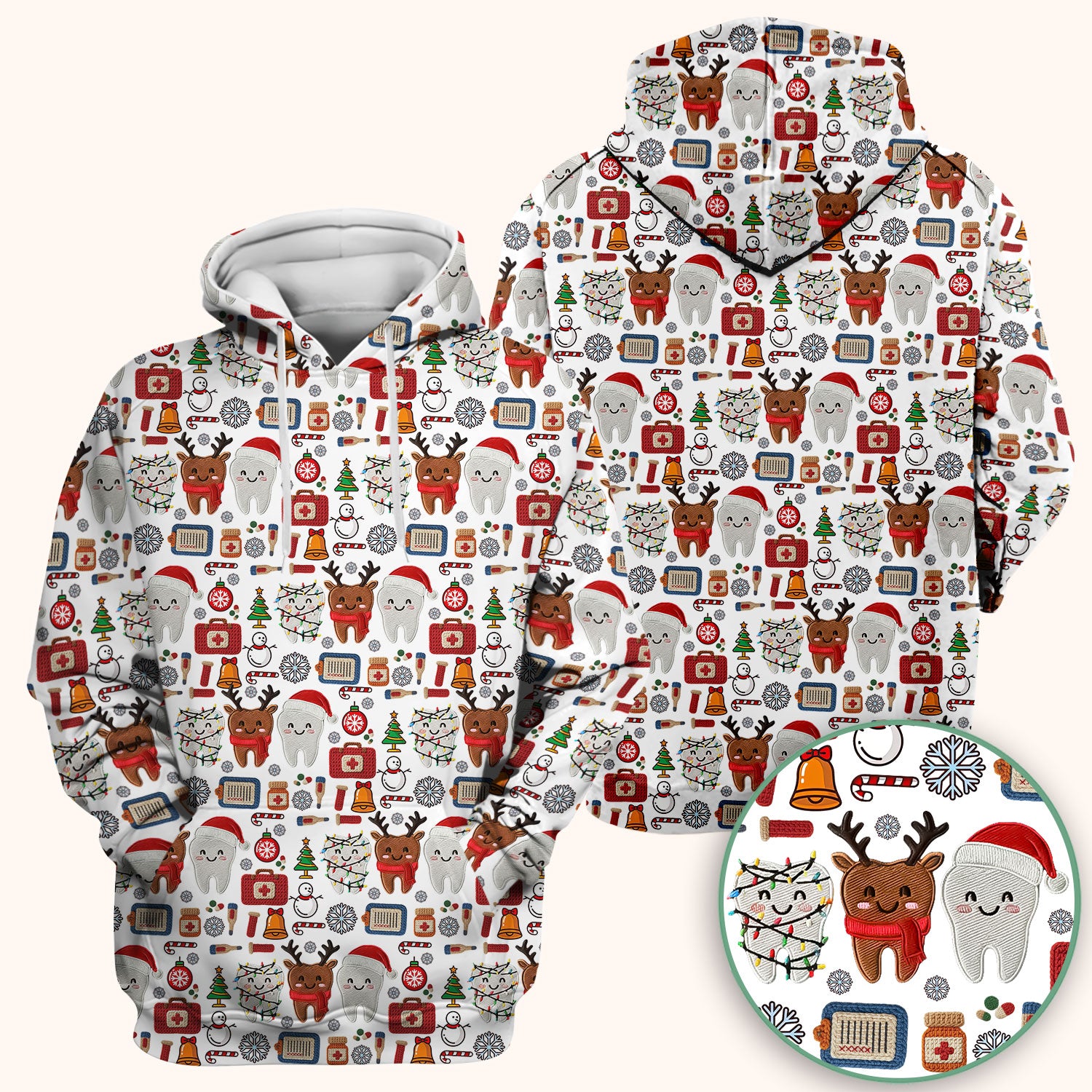 Christmas Dental Scrub Top - Cute Santa & Reindeer Tooth Shirt - Funny Holiday Medical Uniform for Dentists, Hygienists & Nurses