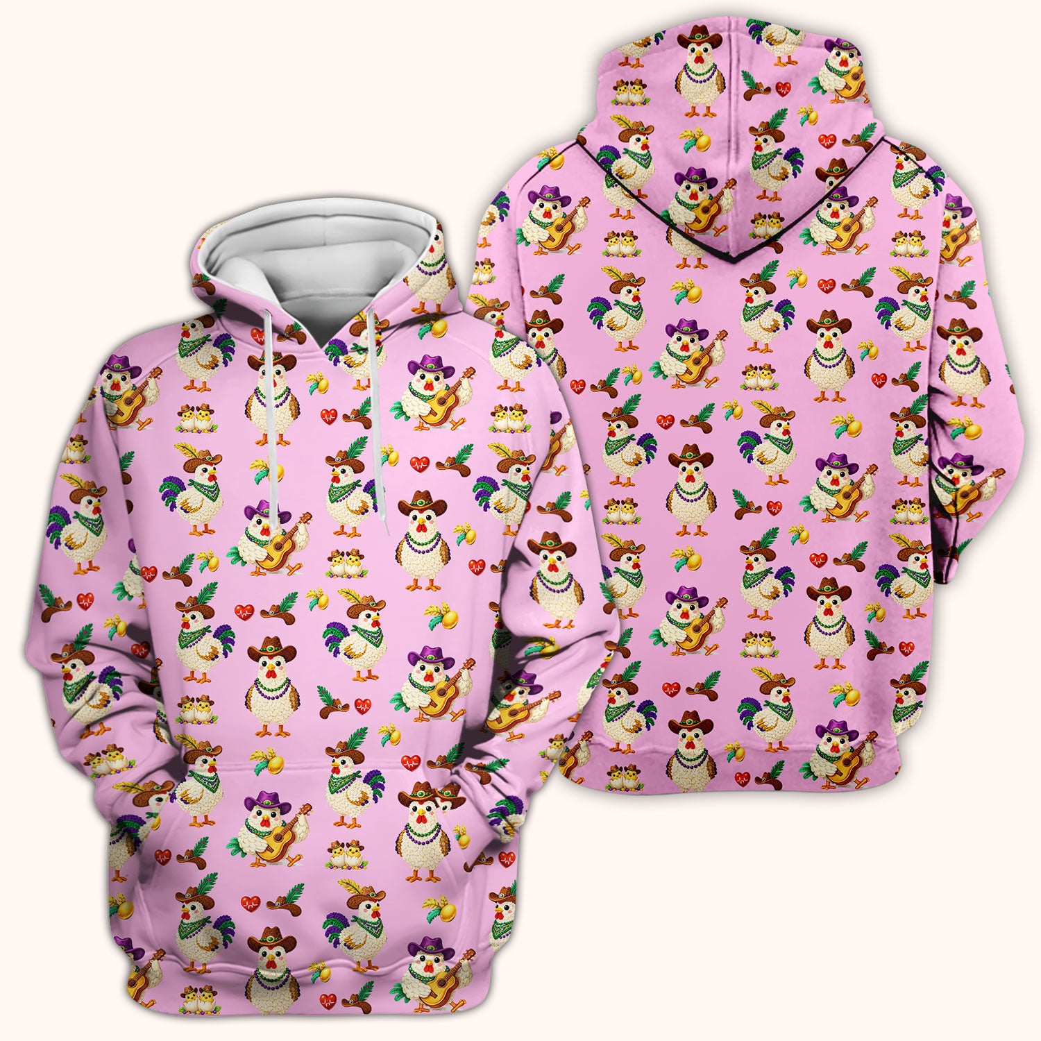 Funny Mardi Gras Rooster Cowboy Print Scrub Top, Comfortable Scrubs for Nurses