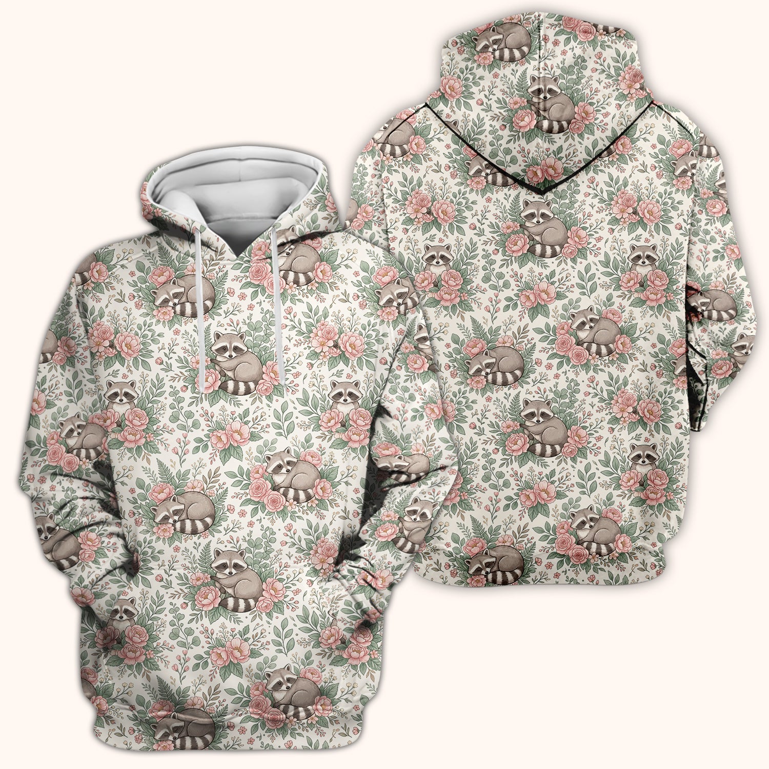 Sleeping Raccoon Rose Garden Pattern Scrub Top, Breathable Fabrics Nursing Uniform
