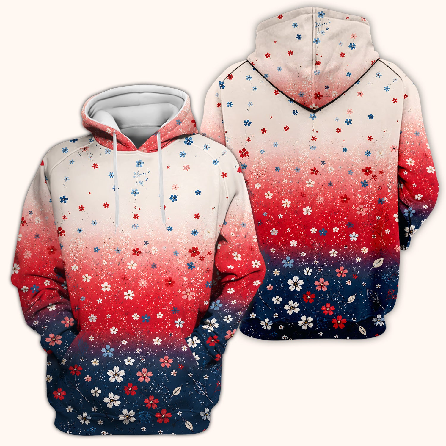 Patriotic Red White Blue Floral Ombre Print Scrub Top, Comfortable Scrubs for Nurses