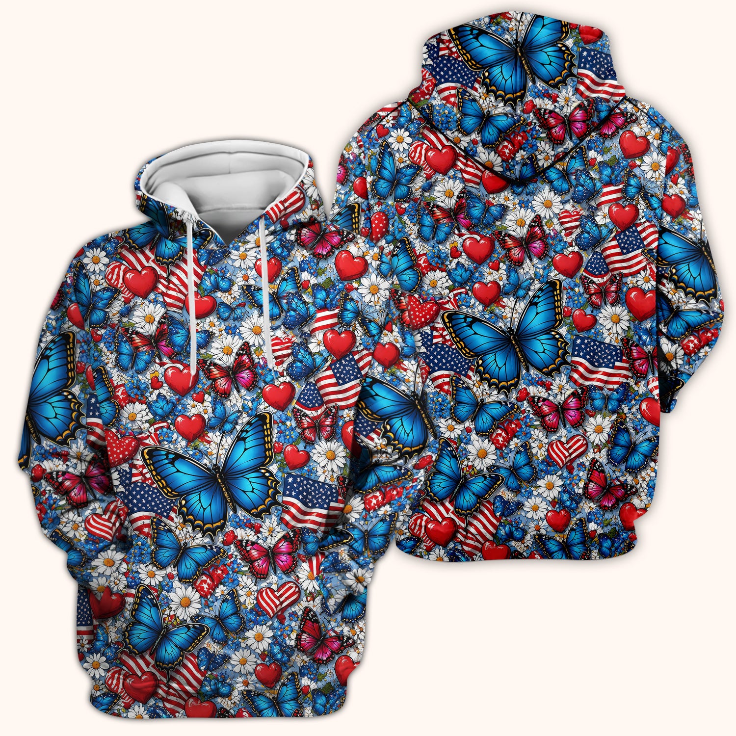 Festive Patriotic Butterfly Heart Floral Pattern Scrub Top, Comfortable Scrubs for Nurses