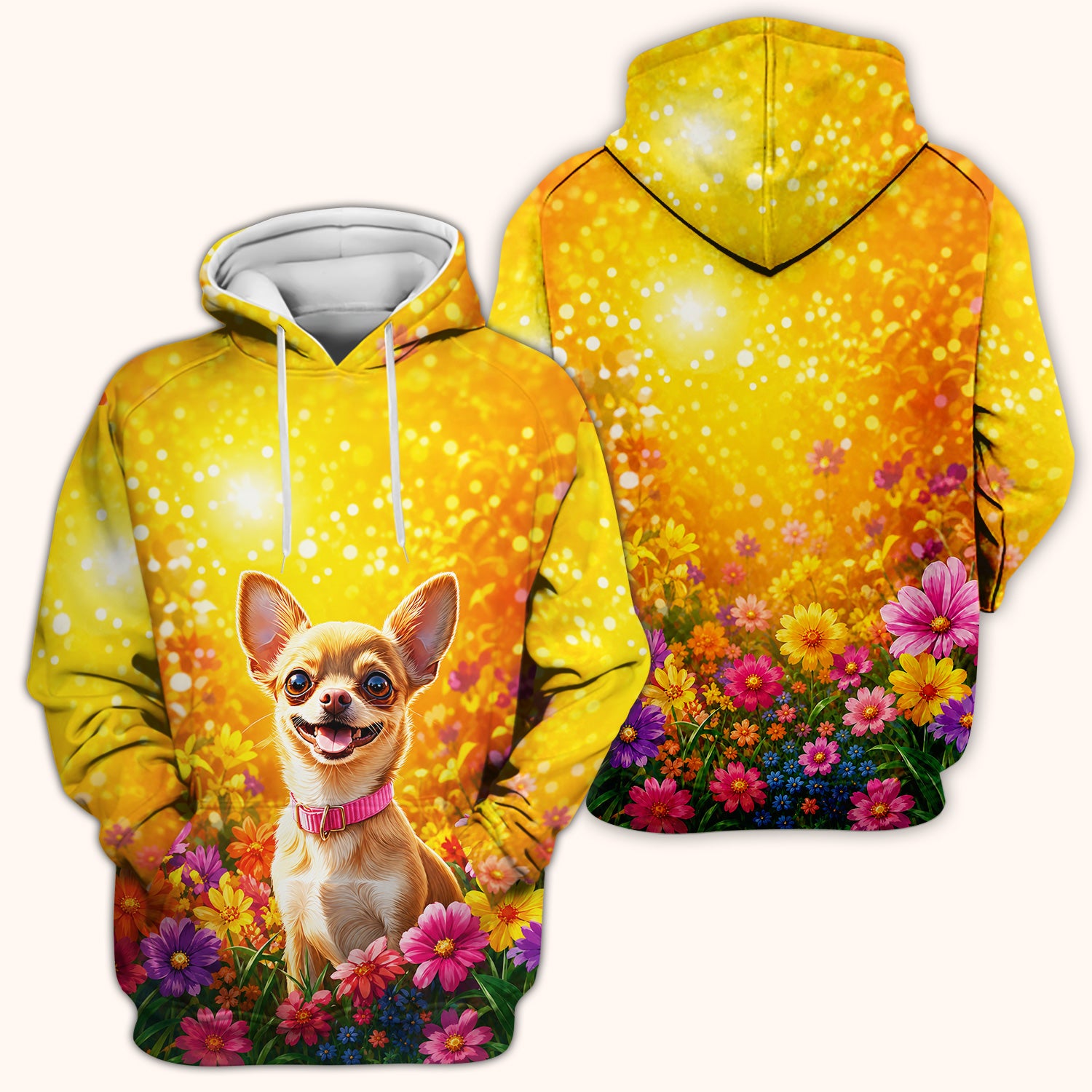 Cute Chihuahua Flower Meadow Pattern Scrub Top, Comfortable Scrubs for Nurses