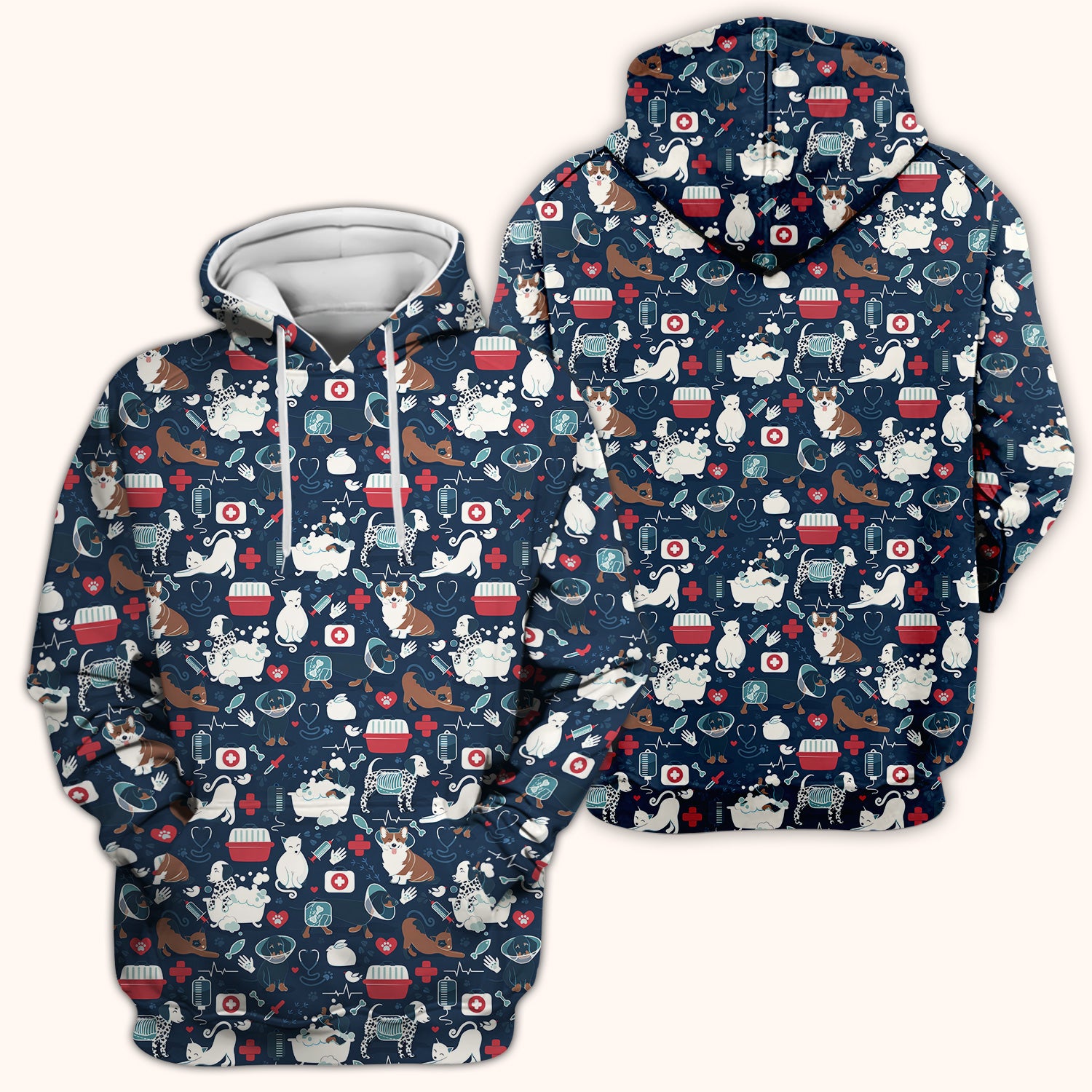 Dogs With Veterinary Tools And Paw Print Scrub Top, Breathable Fabrics Nursing Uniform