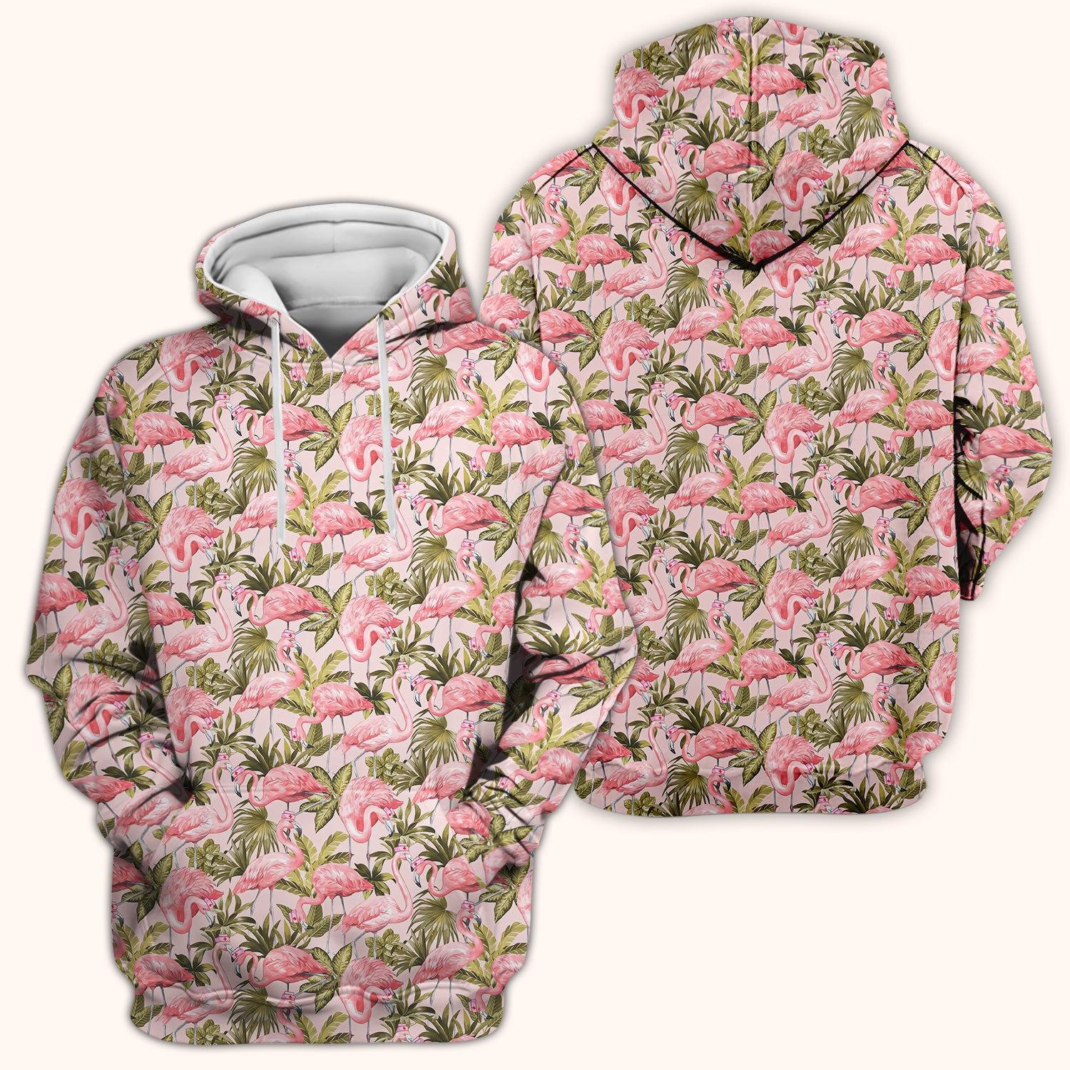 Pink Flamingo Jungle Leaves Pattern Scrub Top, Breathable Fabrics Nursing Uniform