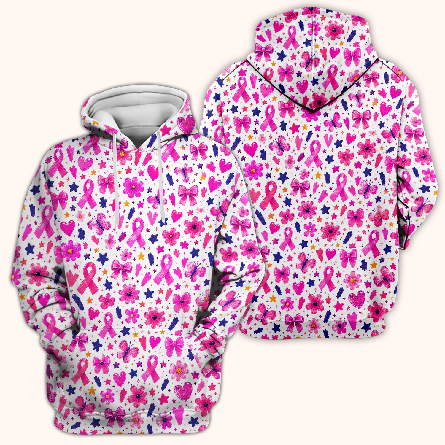 Pink Ribbon Floral Pattern Scrub Top, Comfortable Scrubs for Nurses